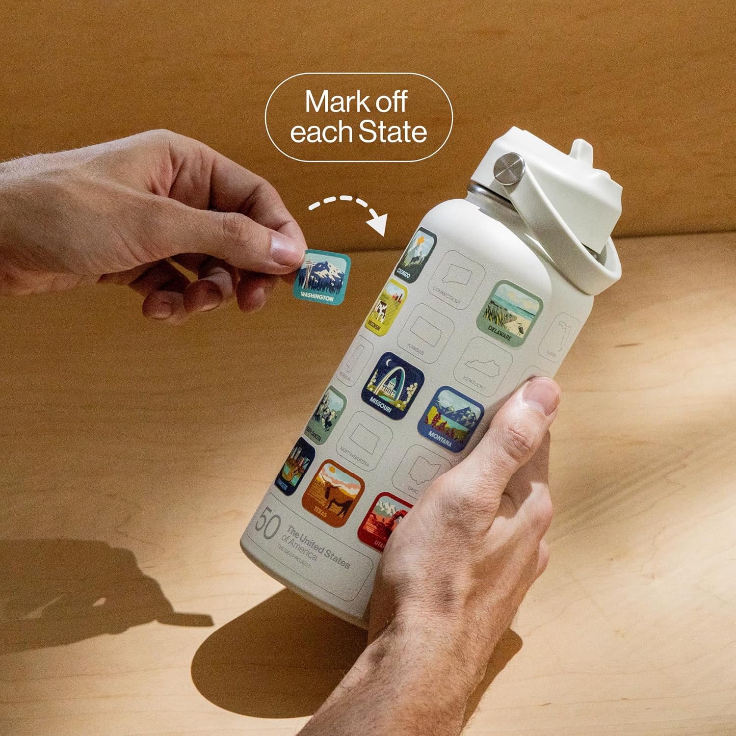 THE GEOPROJECT 50 States Bucket List Water Bottle with Stickers - 32oz Leakproof Insulated Stainless Steel with Straw & 50 States Water Bottle Stickers (Tan) - Image 2