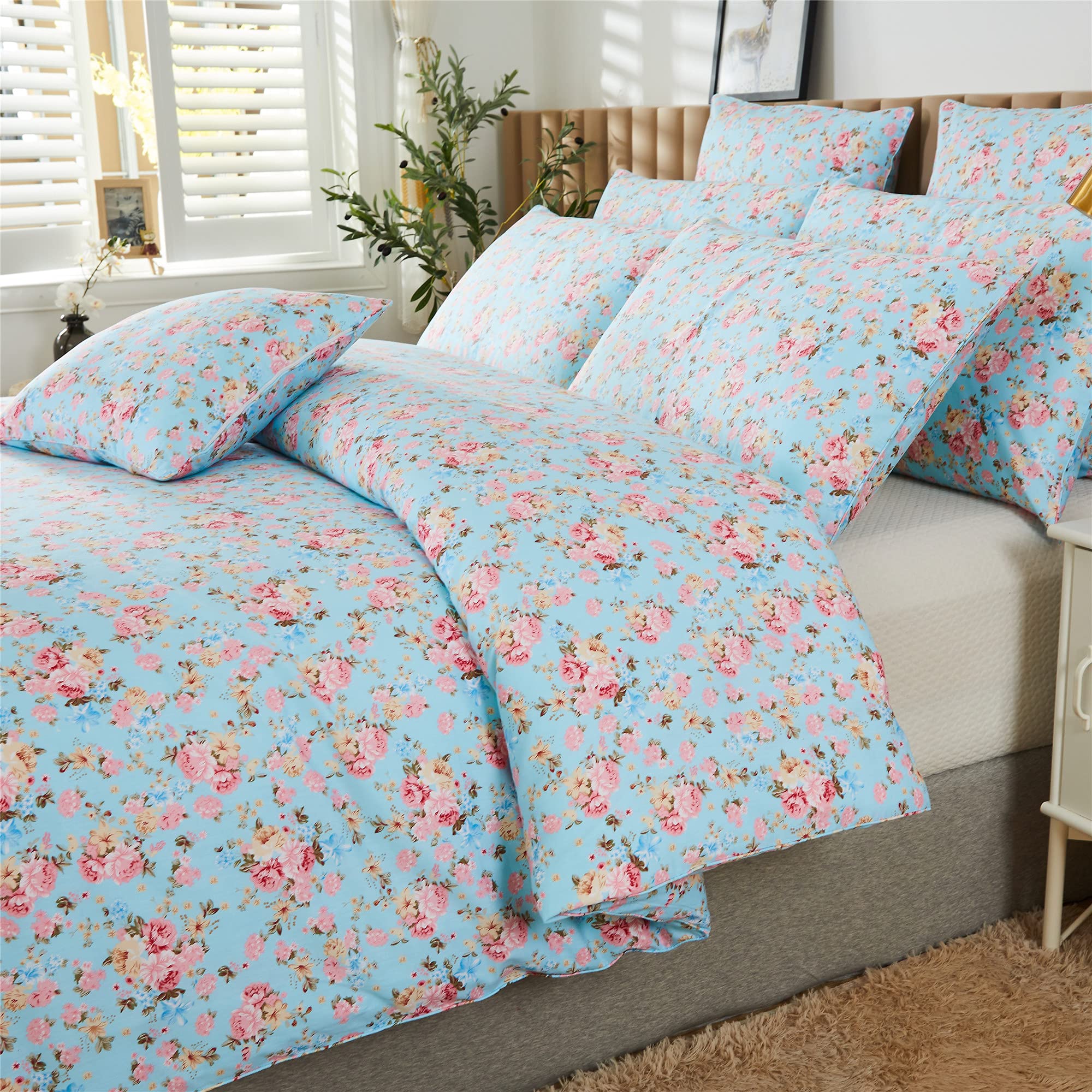 FADFAY Duvet Cover Set Twin Romantic Rose Floral Bedding Shabby Blue Rose Sheets Vintage Farmhouse Bedding 100% Cotton Extra Soft Comforter Cover Set with Zipper Closure 3Pcs, Twin Size
