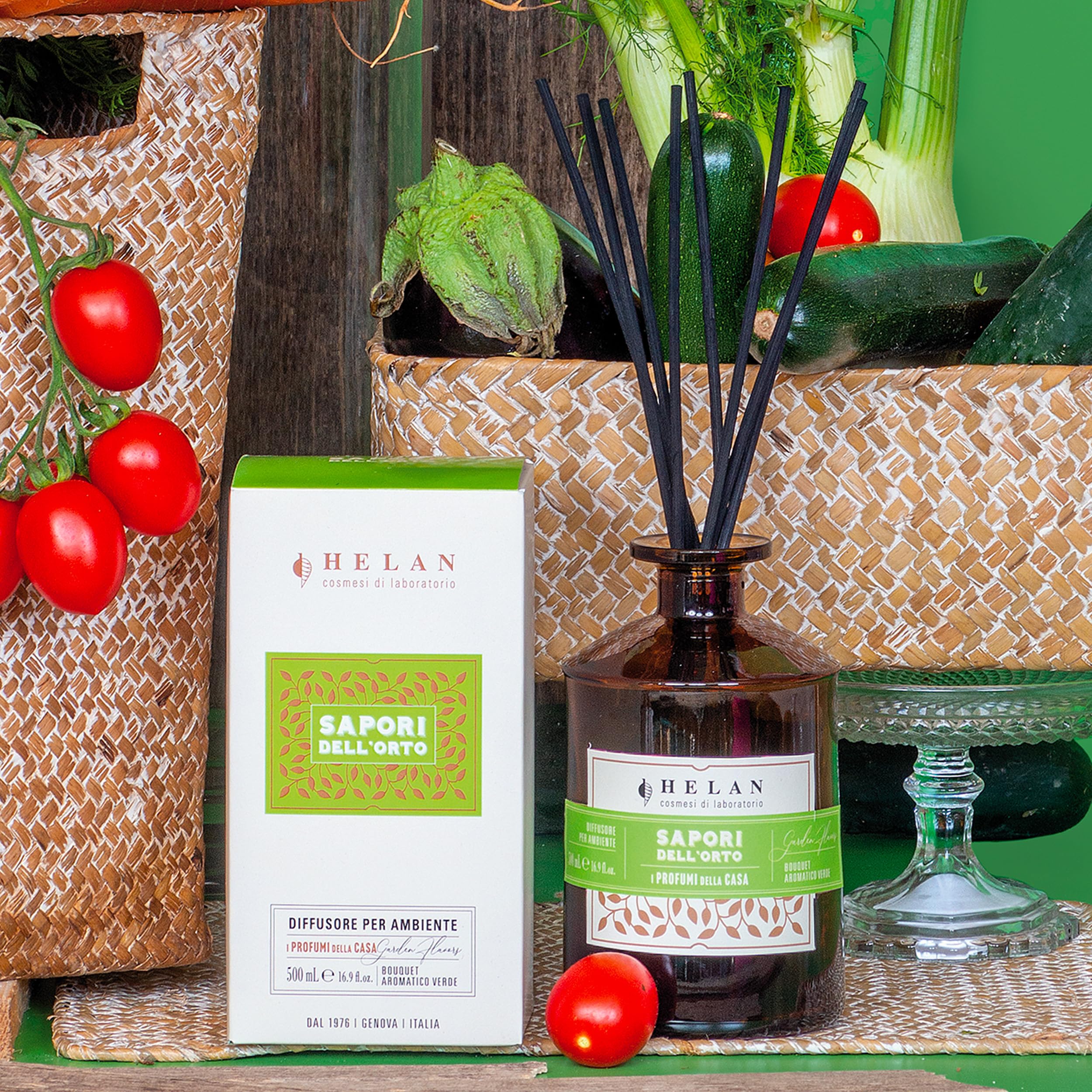 Helan Sapori dell'Orto odświeżacz powietrza z pałeczkami do dyfuzorów z aromatycznymi i zielonymi nutami – pomysł na prezent odświeżacz powietrza i odświeżacz powietrza, 500 ml, wyprodukowano we