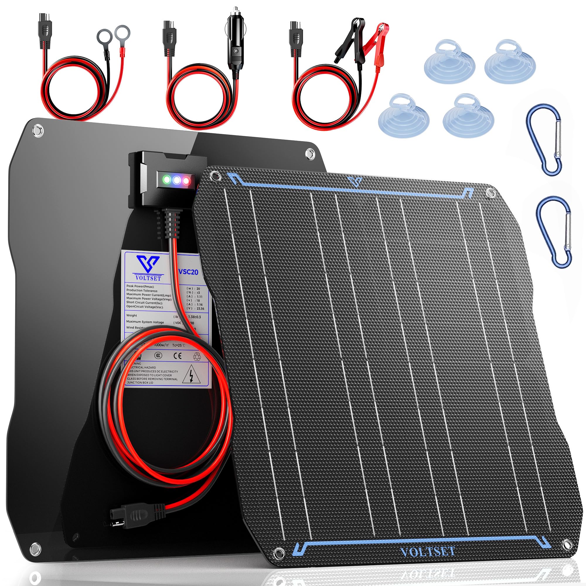 Voltset Cargador de batería portátil de 20 W con panel solar de 12 V para coche, barco, autocaravana y motocicleta