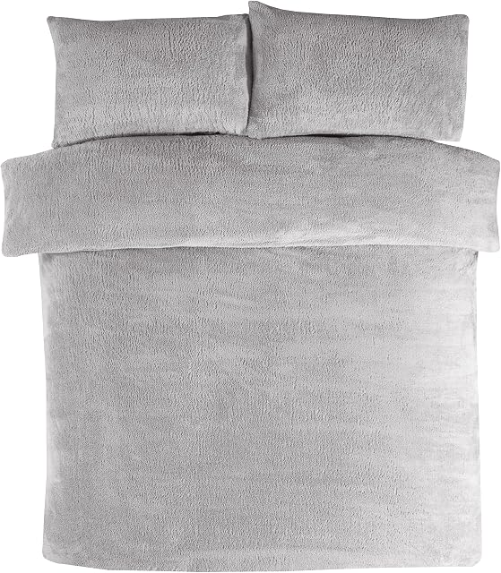 Sleepdown Teddy Fleece Duvet Cover Quilt Bedding Set with Pillow Cases Thermal Warm Cosy Super Soft - King - Grey