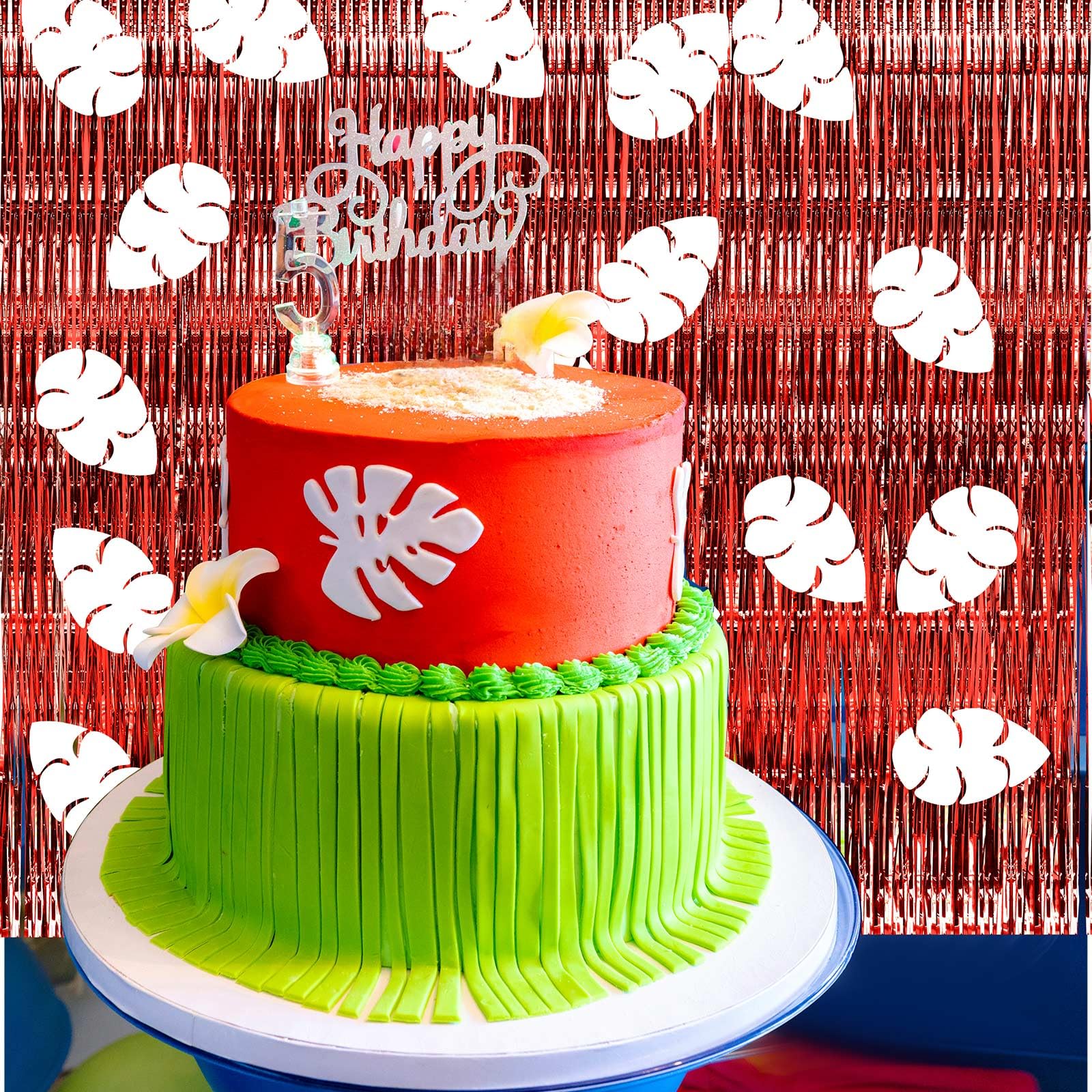 Condition photo showing New/Like New for 2 Pcs 6x3ft Cartoon Birthday Party Decorations Hawaiian Aloha Birthday Party Decoration Tinsel Foil Fringe Curtain Backdrop and White Leaves Wall Decals Animation Themed Photo Props Streamers