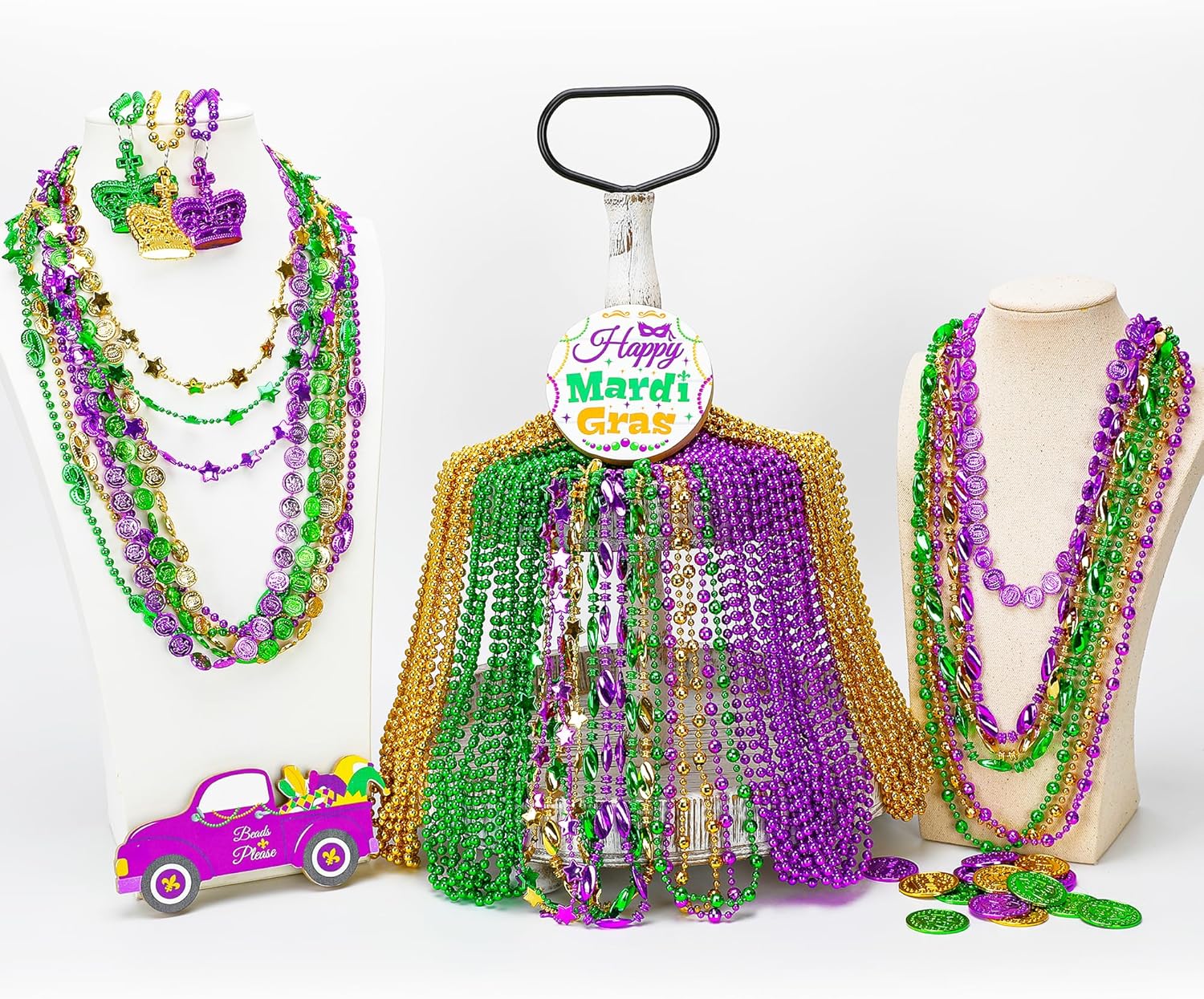 100PCS Mardi Gras Accessories, 11 Kinds Mardi Gras Beads Coins Mask Shape Necklace, Metallic Green Purple Gold Beads Parade Throw Costumes, Festival Carnivals Celebration Events Party Throws Supplies - Image 5