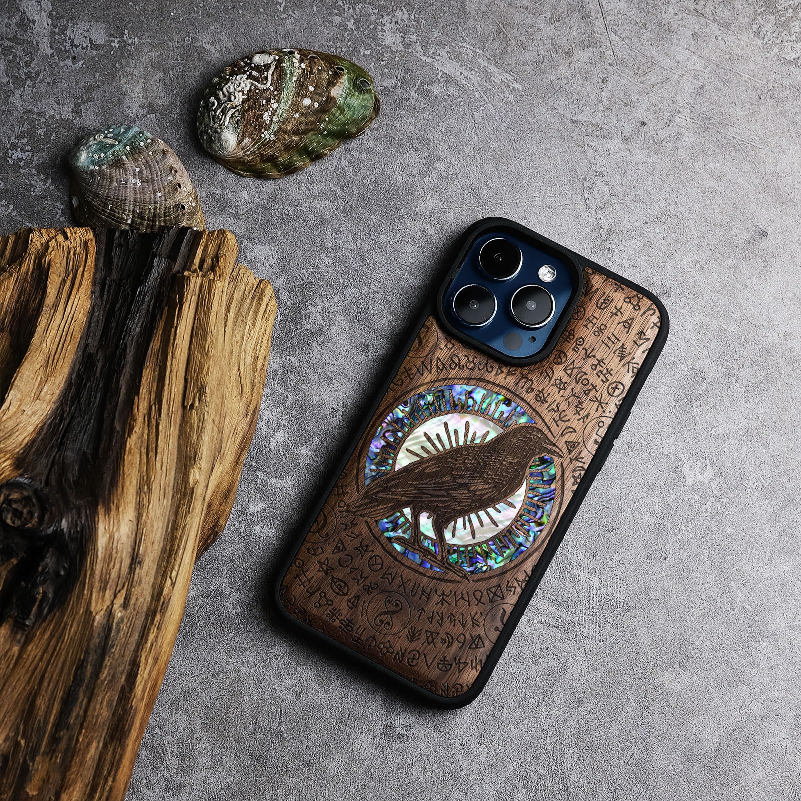 Carveit Designer Wooden Protective Case For IPhone 15 Magnetic Case Cover [Wood Engraving & Shell Inlay] Compatible With IPhone 15 MagSafe Case (Haloed Crow -Walnut