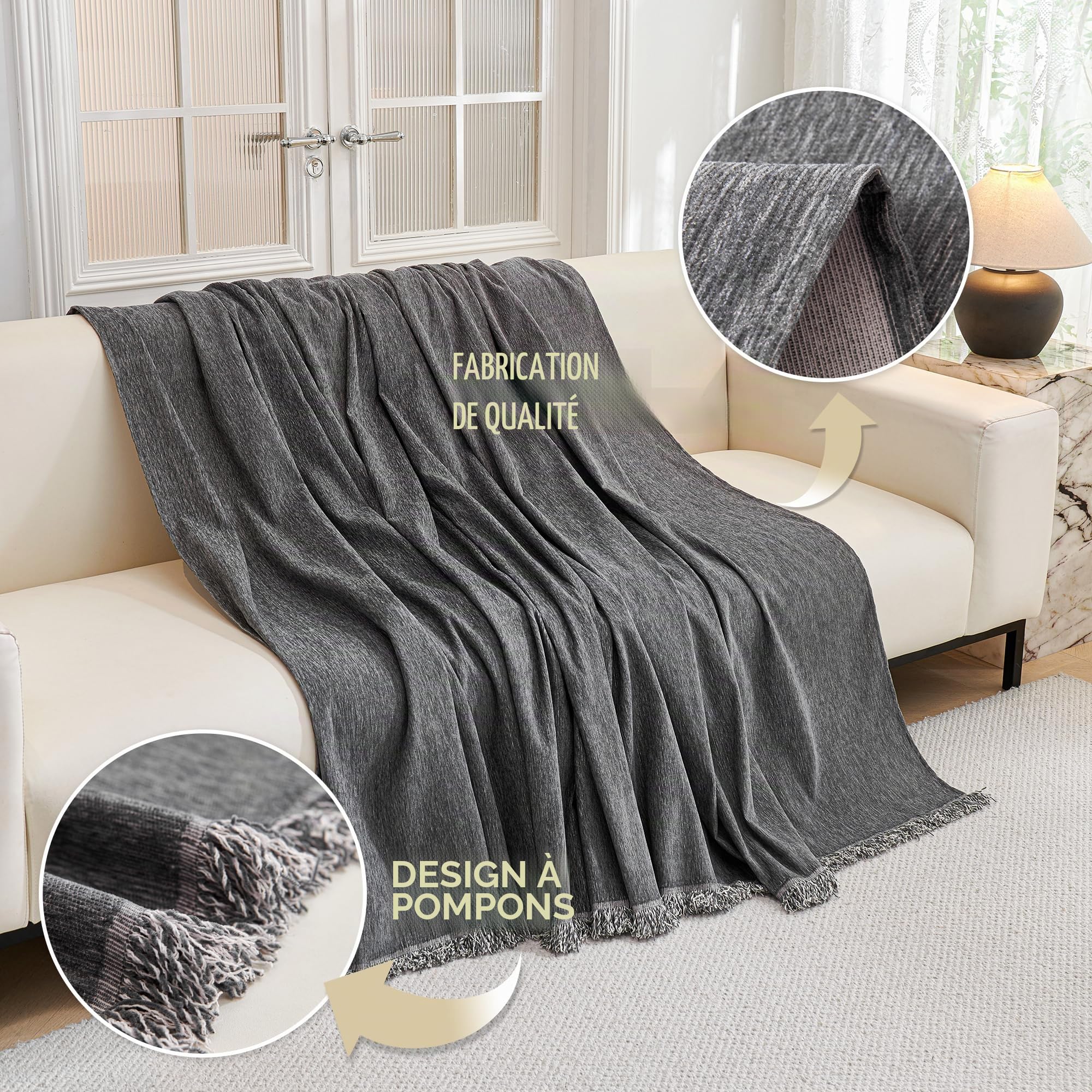 MYSKY Home Housse de Canapé 1/2/3/4 Places 180 x 300 cm Gris Foncé Forme de L d'angle Protege Canape Plaid Protection Canape Chat Chiens Anti Griffe en Chenille Sofa Cover, Housse pour Meubles