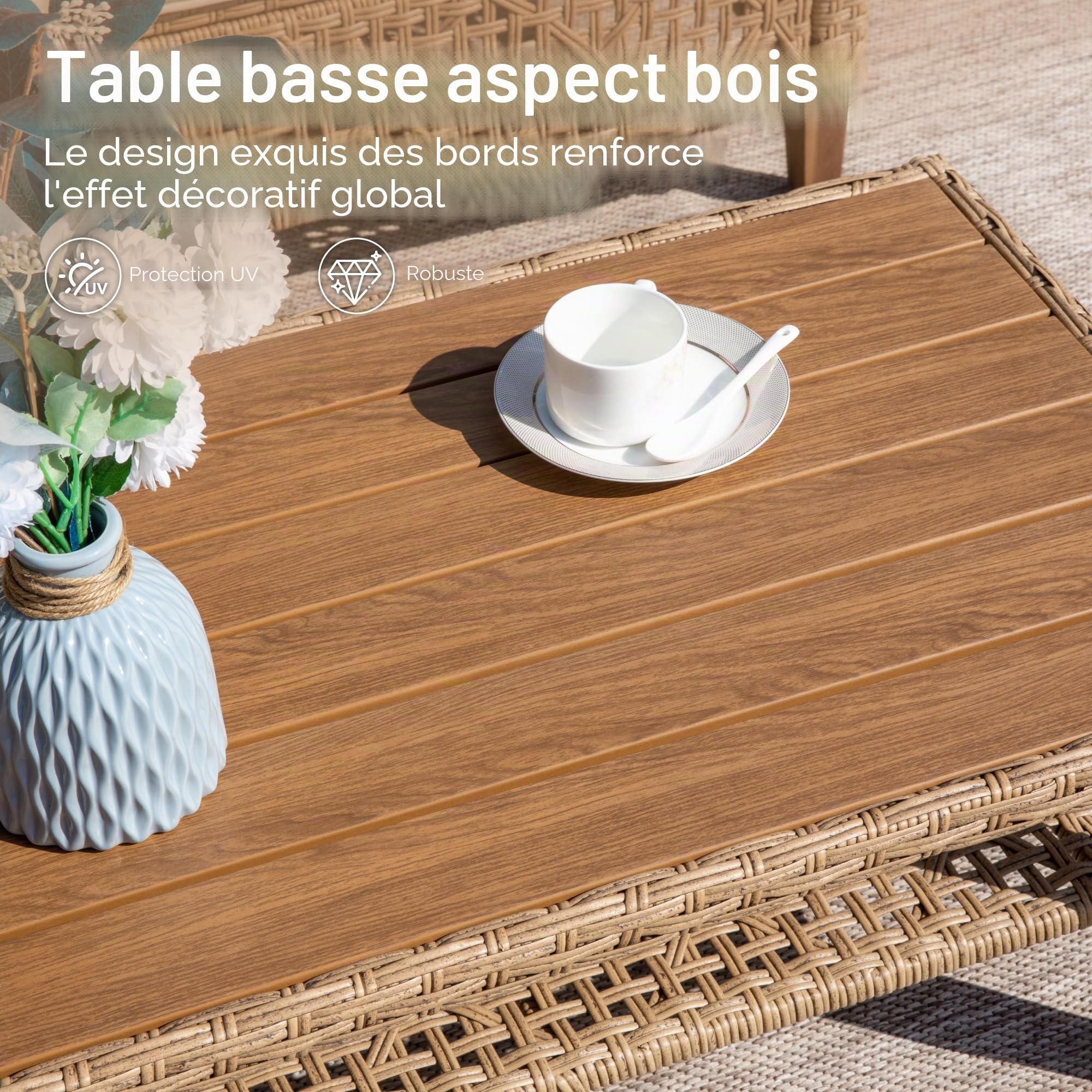 PHI VILLA Ensemble de meubles de jardin de balcon 3 pièces en rotin avec 1 méridienne, 1 canapé 2 places et 1 petite table basse, 4 personnes, meubles de terrasse d'extérieur