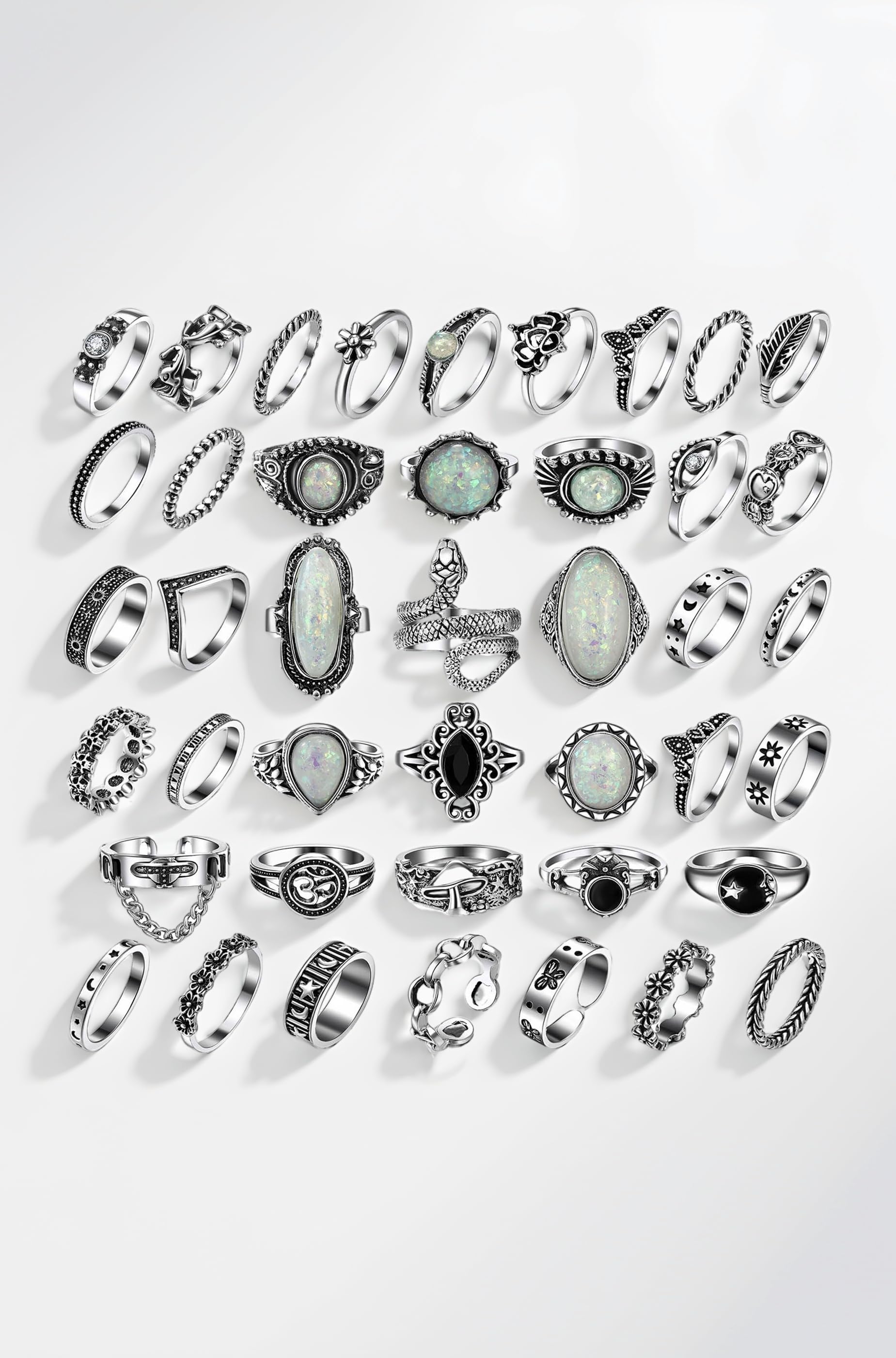 17IF Women's 42 Pcs Vintage Silver Knuckle Rings Set for Women, Chunky Colorful Stone Rings Aesthetic Snake Grunge Stackable Gothic Ring Adjustable Y2K Punk Bulky Boho Finger Alt of Rings, Stacking Sk