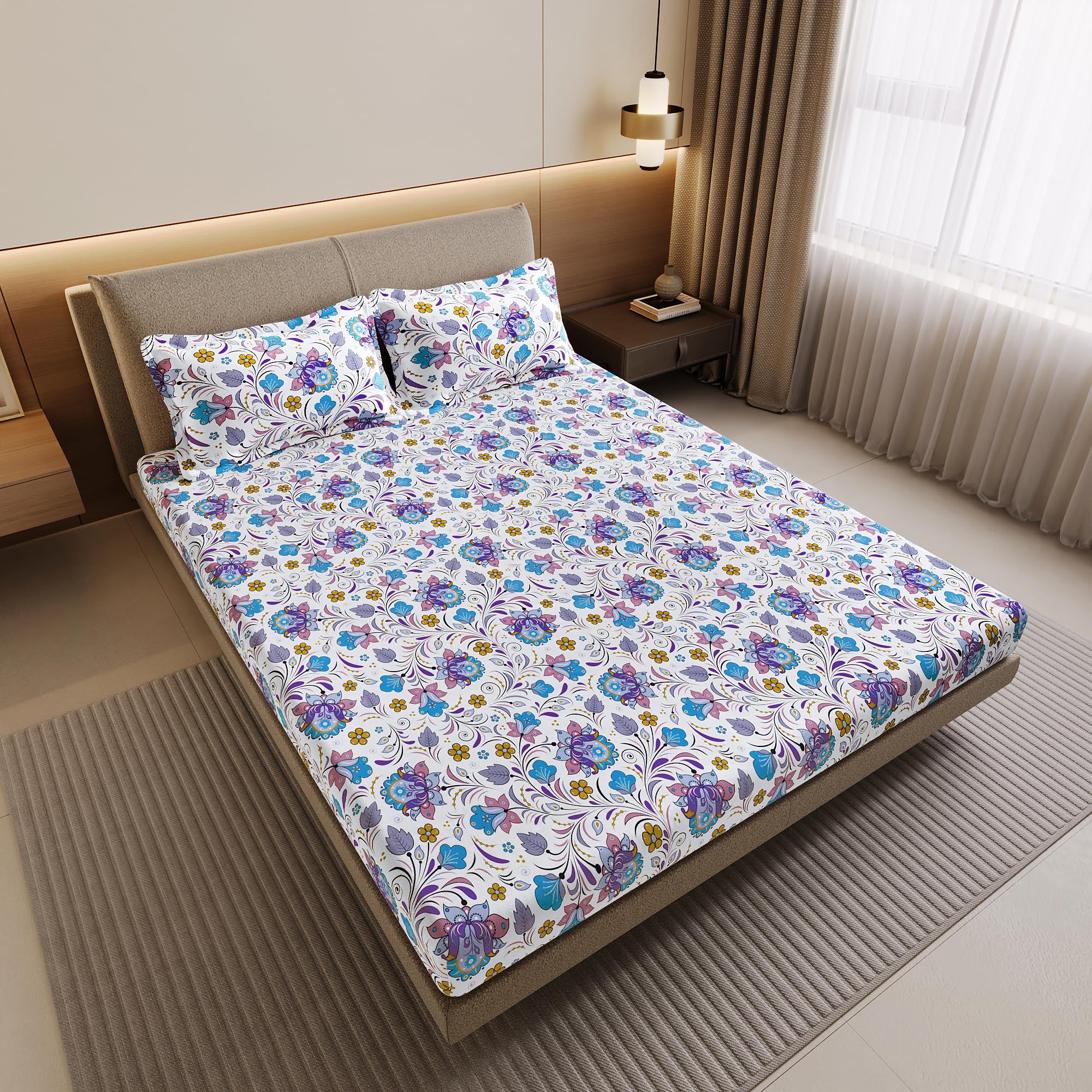 Divine Casa 144 TC 100% Cotton Double Bedsheet with 2 Pillow Covers | Soft Breathable Wrinkle Free Bed Sheet Set | Printed Bedding for Bedroom | 222 x 254 cm (Purple Blue, Floral)
