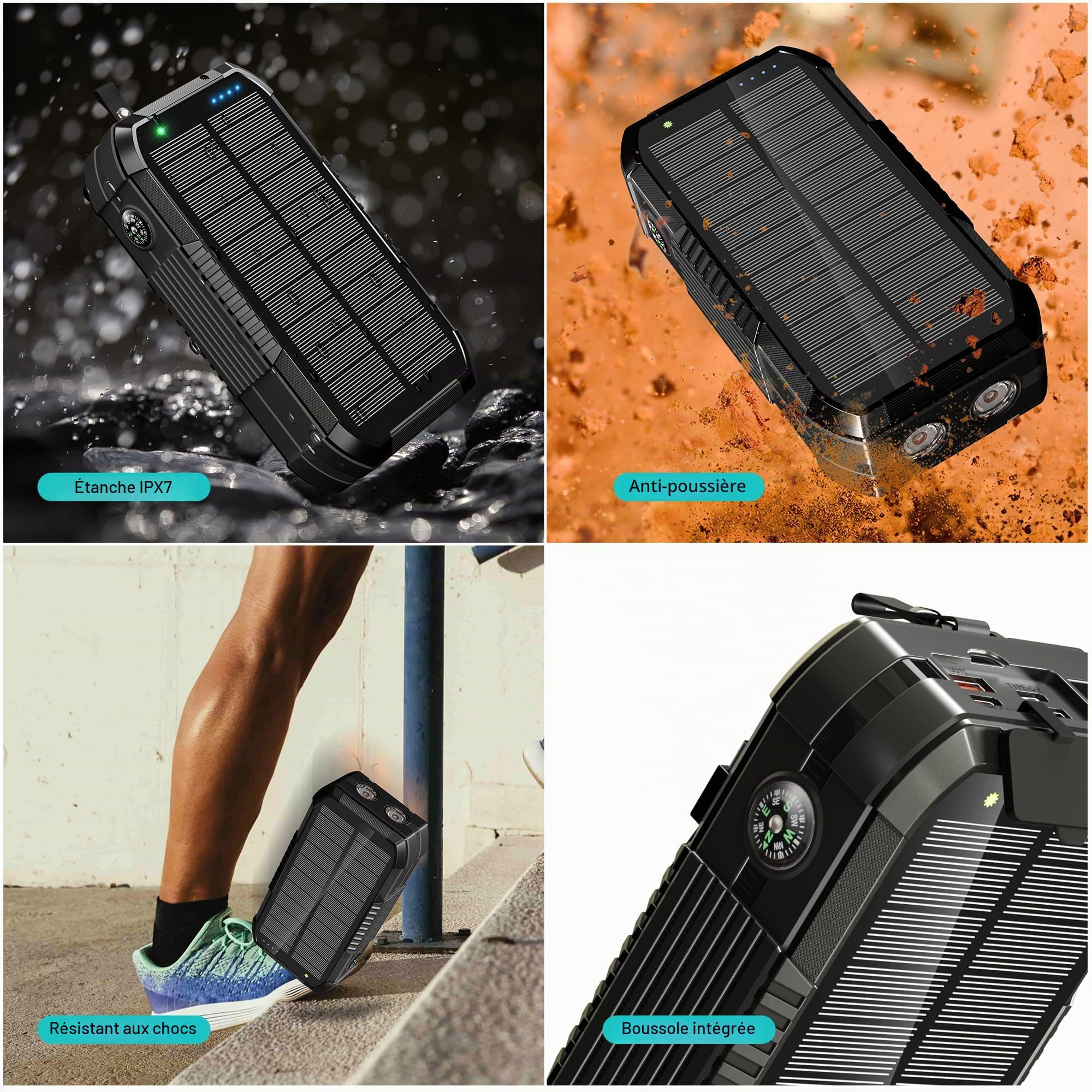 Batterie Externe Solaire 70000mAh: PD 30W USB C Power Bank Charge Rapide avec Manivelle & 2 Câble, 7 Sorties et 4 Entrées, 15W Chargement sans Fil, Lampe de Poche, Chargeur Solaire pour Téléphone