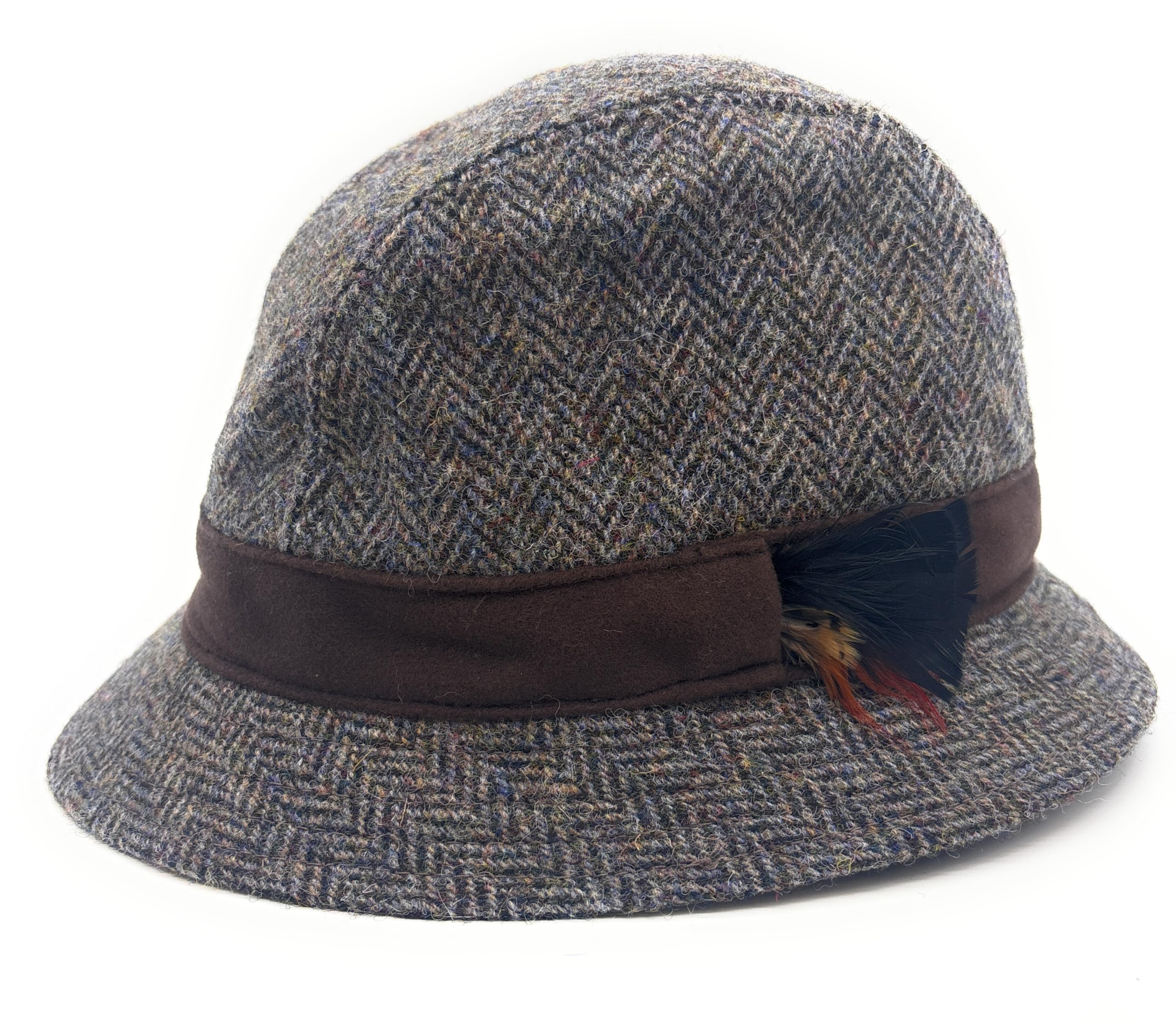 Scottish Essence Men's Brown Authentic Harris Tweed Herringbone Trilby Hat With Moleskin Band, Made In Uk (Uk, Alpha, M)