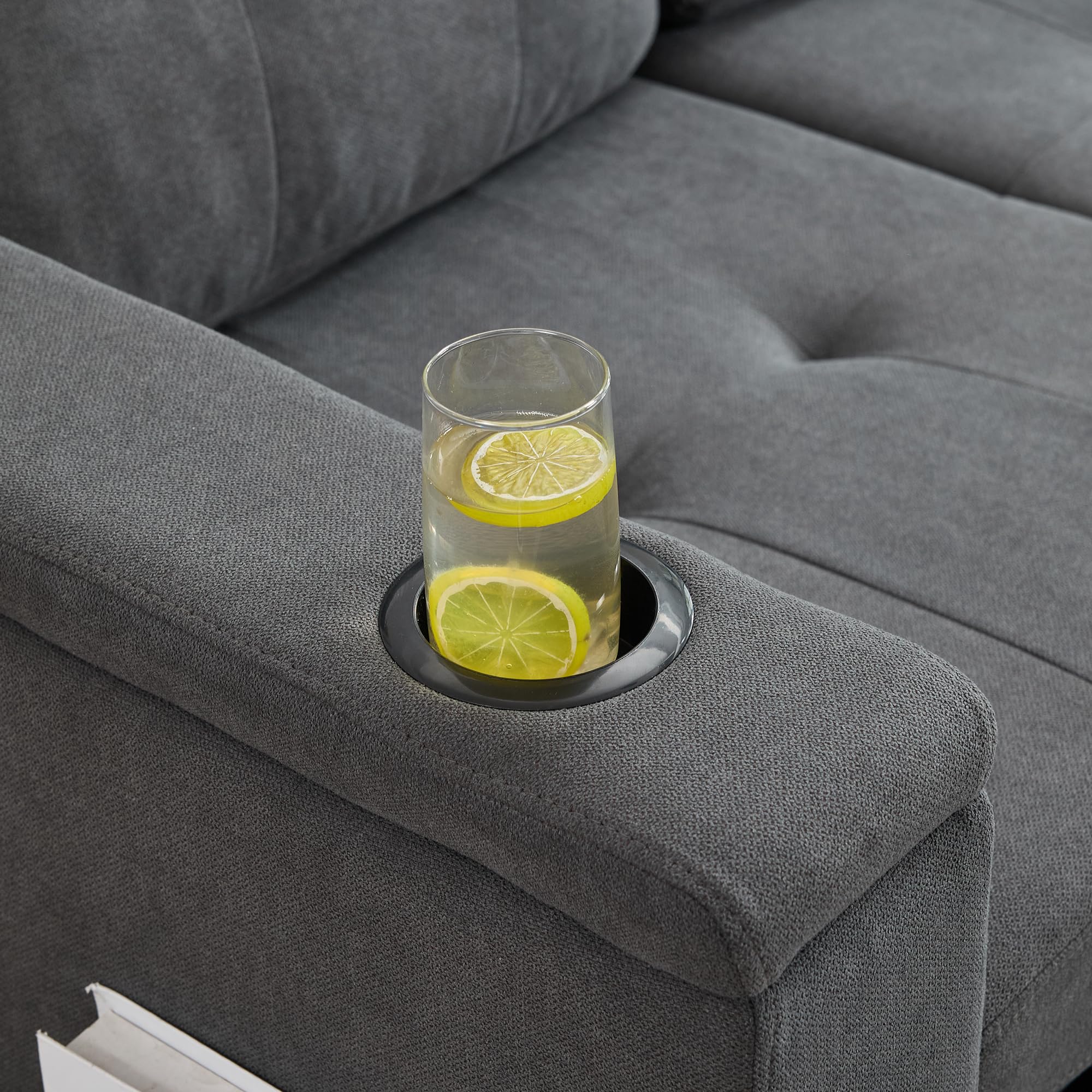Sofá cama de 3 plazas, 208 × 146 cm, sofá plegable con espacio de almacenamiento y barra de luz LED, sofá con USB y tipo C, soporte para bebidas y bolsillos laterales, sofá esquinero en