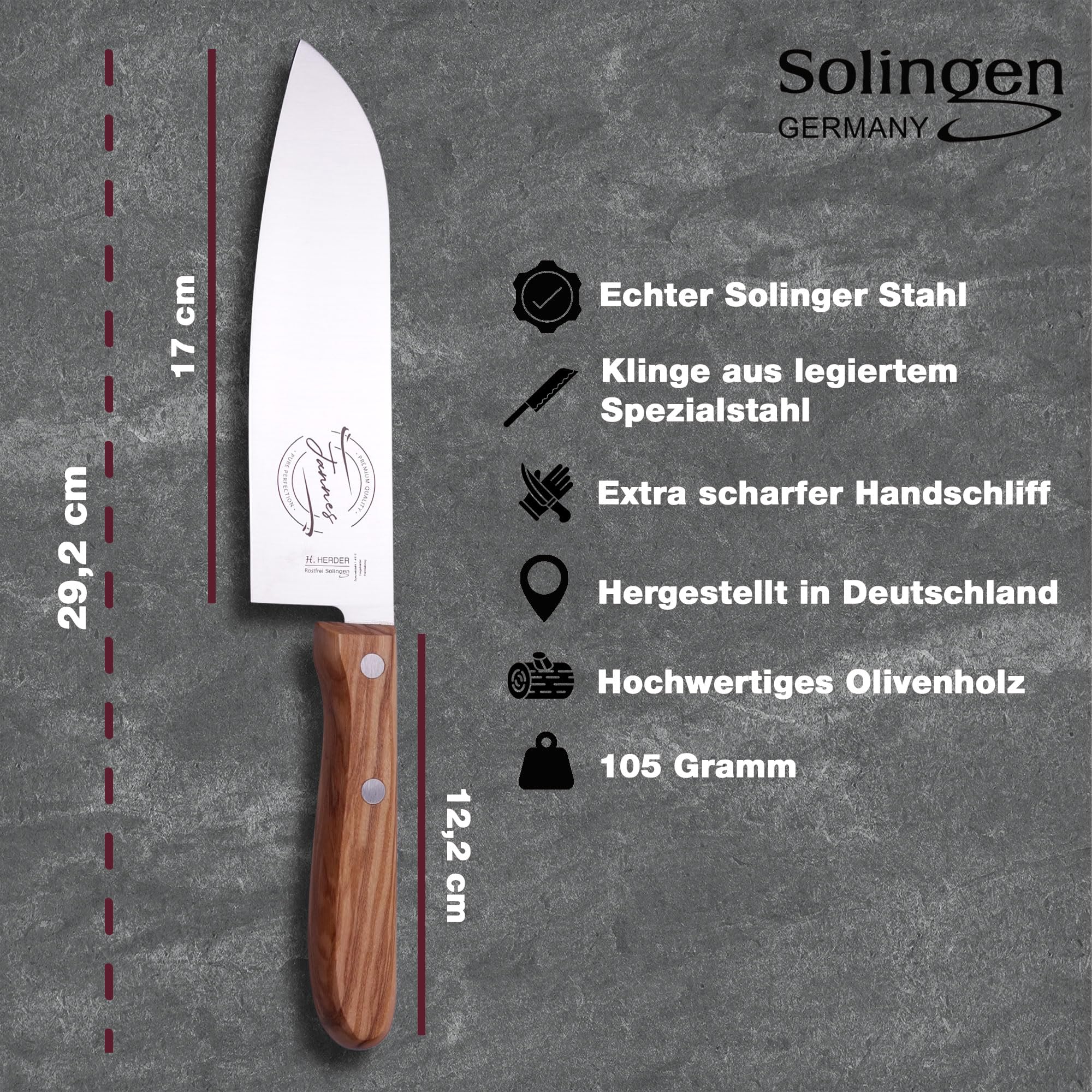 LOOXIS Personalisiertes Santokumesser mit Namen Graviert - H. Herder, Solingen, 17 cm Klinge, Made in Germany, handgeschliffen, Olivenholzgriff, Geschenk für Männer Weihnachten, Geburtstag, Vatertag