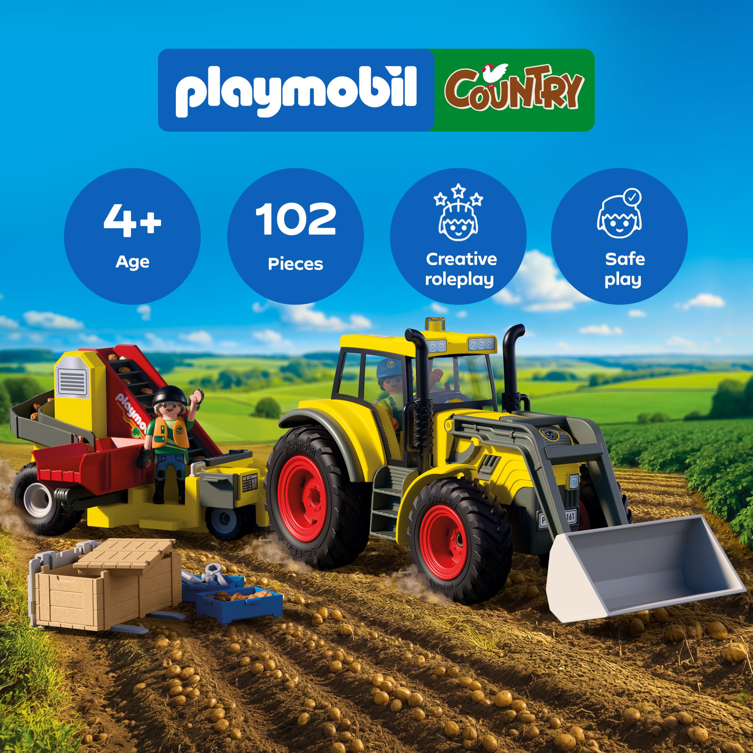 PLAYMOBIL | Country | Gran tractor con arrancadora de patatas | Set de maquinaria agrícola con cargador frontal, función de clasificación y numerosos accesorios | Para niños a partir de 4 años | 72161