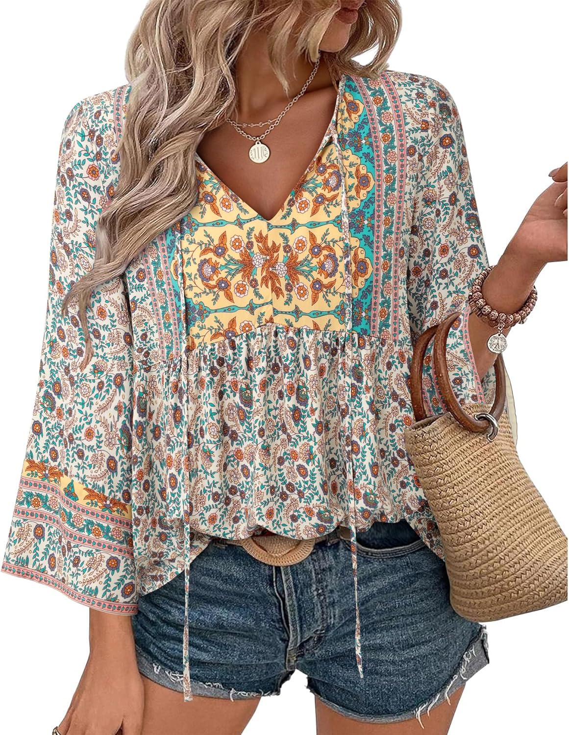 Unixseque Summer Boho Womens Tops Floral Print Dressy Casual V-Neck Tie Front Trendy Fall 3/4 Sleeve Blouses - Image 2