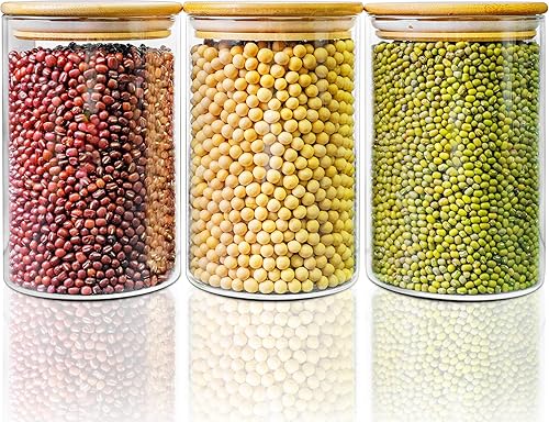 Paquete de 3 tarros de vidrio con tapas de bambú, recipientes de almacenamiento de despensa de vidrio con tapas herméticas, recipientes redondos de