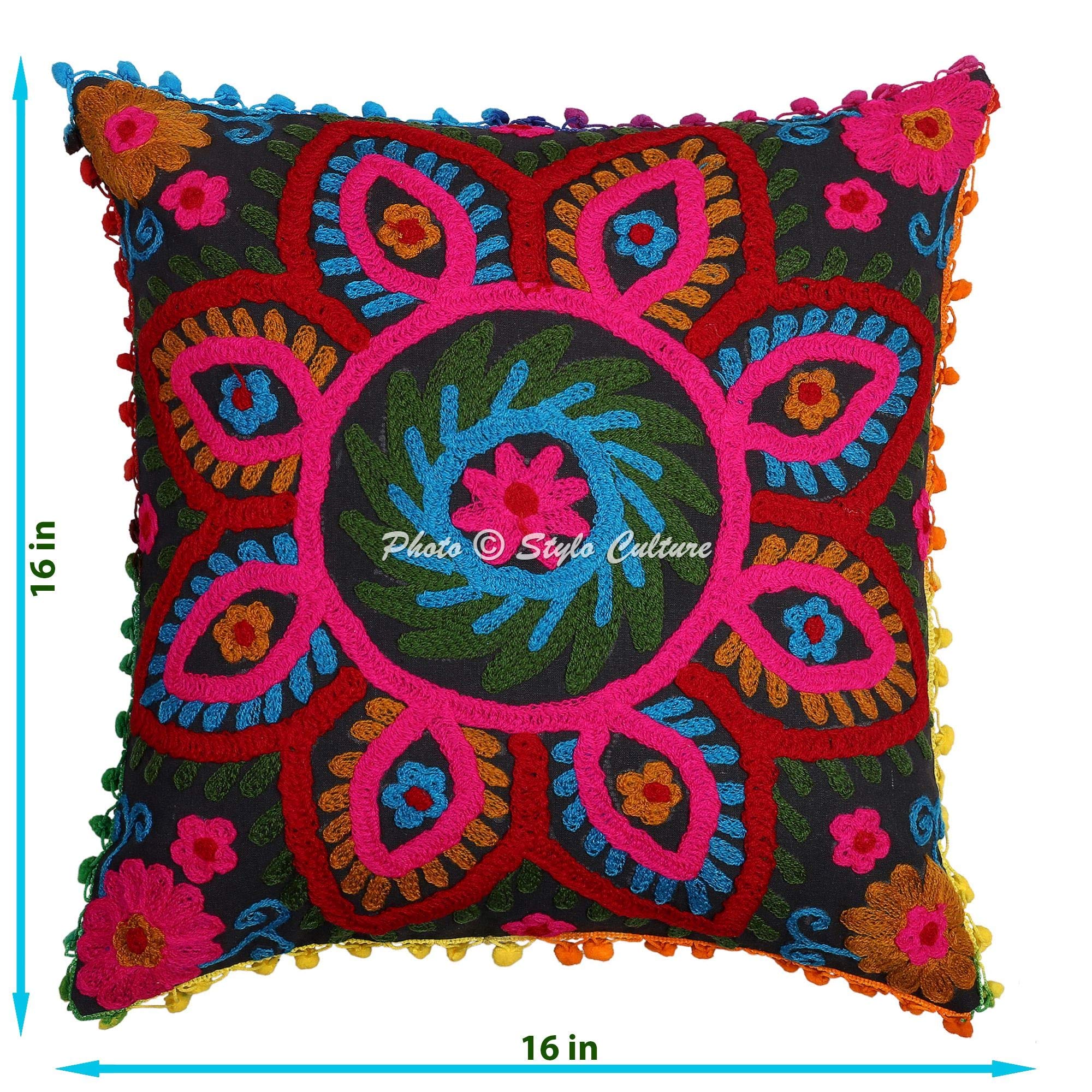 Etnico Fodere Per Cuscini 40x40 cm Decorativi Sedie Divano Floreale Pizzo Pom Pom Ricamato Suzani Nero Quadrato Cerniera 16x16 pollici Federe Per Cuscino Camera Da Letto - 5 pezzi