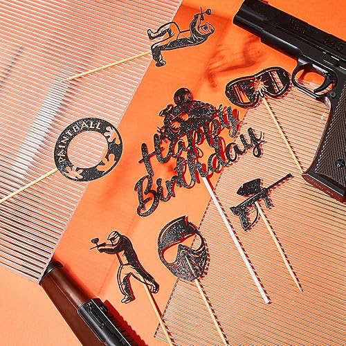 Miniatura 5 de Jetec 37 piezas de decoración para tartas de paintball, suministros de fiesta de cumpleaños, decoración de cupcakes de paintball, silueta con