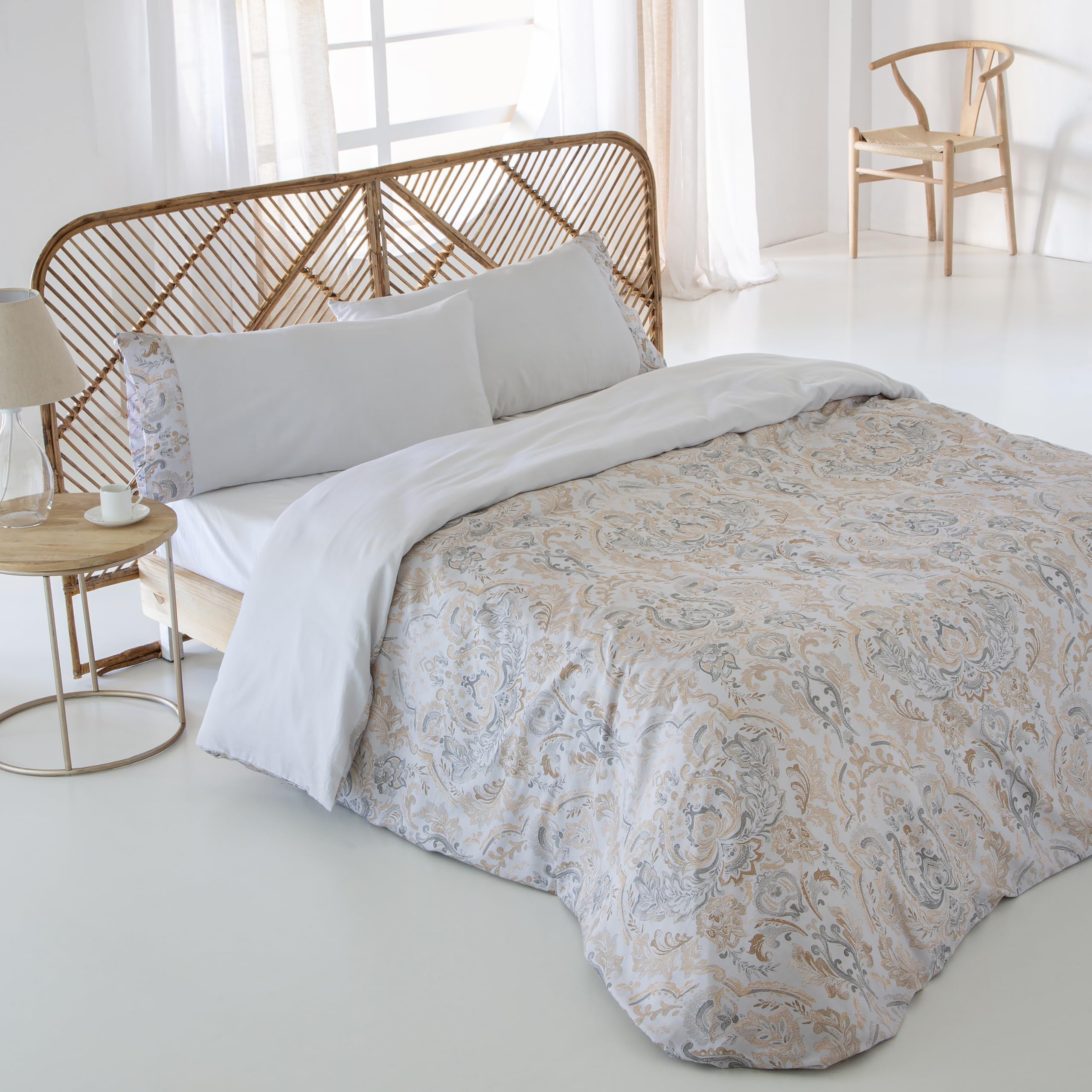 COTTON ARTean Funda Nórdica Cama 150 SATÉN ALGODÓN 200 Hilos CARES Funda edredón 240x220 + 2 Fundas de Almohada Cierre Botones