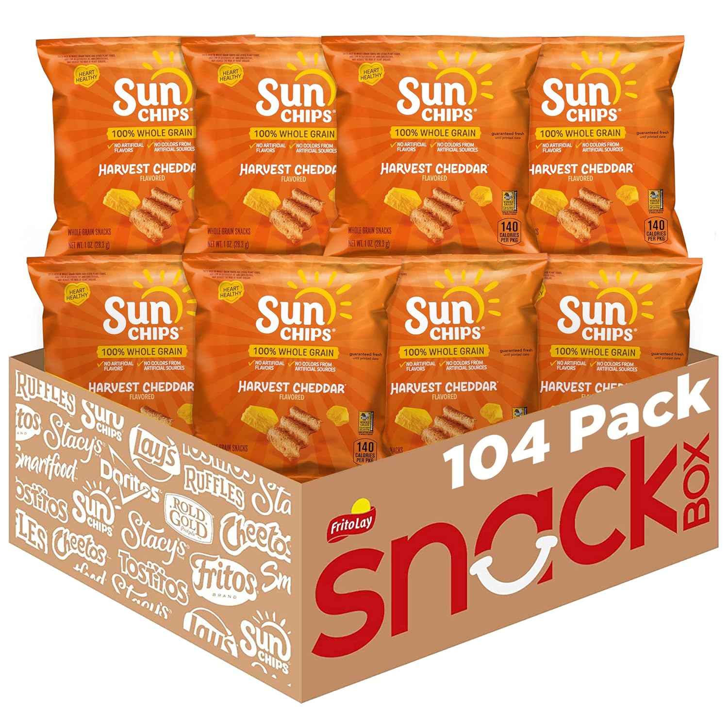 SunChips 100% Whole Grain Chips, Harvest Cheddar, 1 oz Bags, Pack of 104, No Artificial Flavors, No Colors from Artificial Sources