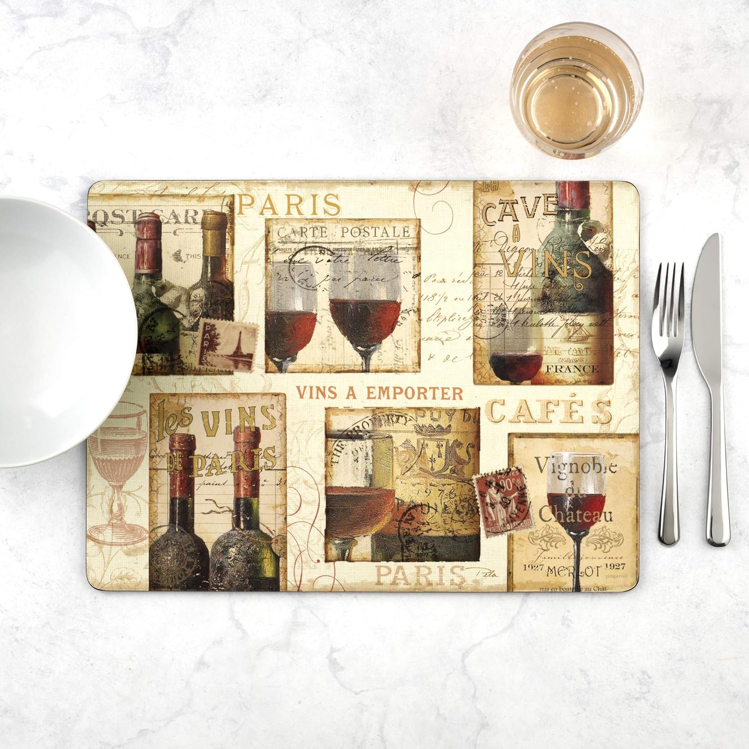 Pimpernel French Cellar Collection Placemats | Set of 4 | Heat Resistant Mats | Cork-Backed Board | Hard Placemat Set for Dining Table | Measures 15.7” x 11.7”