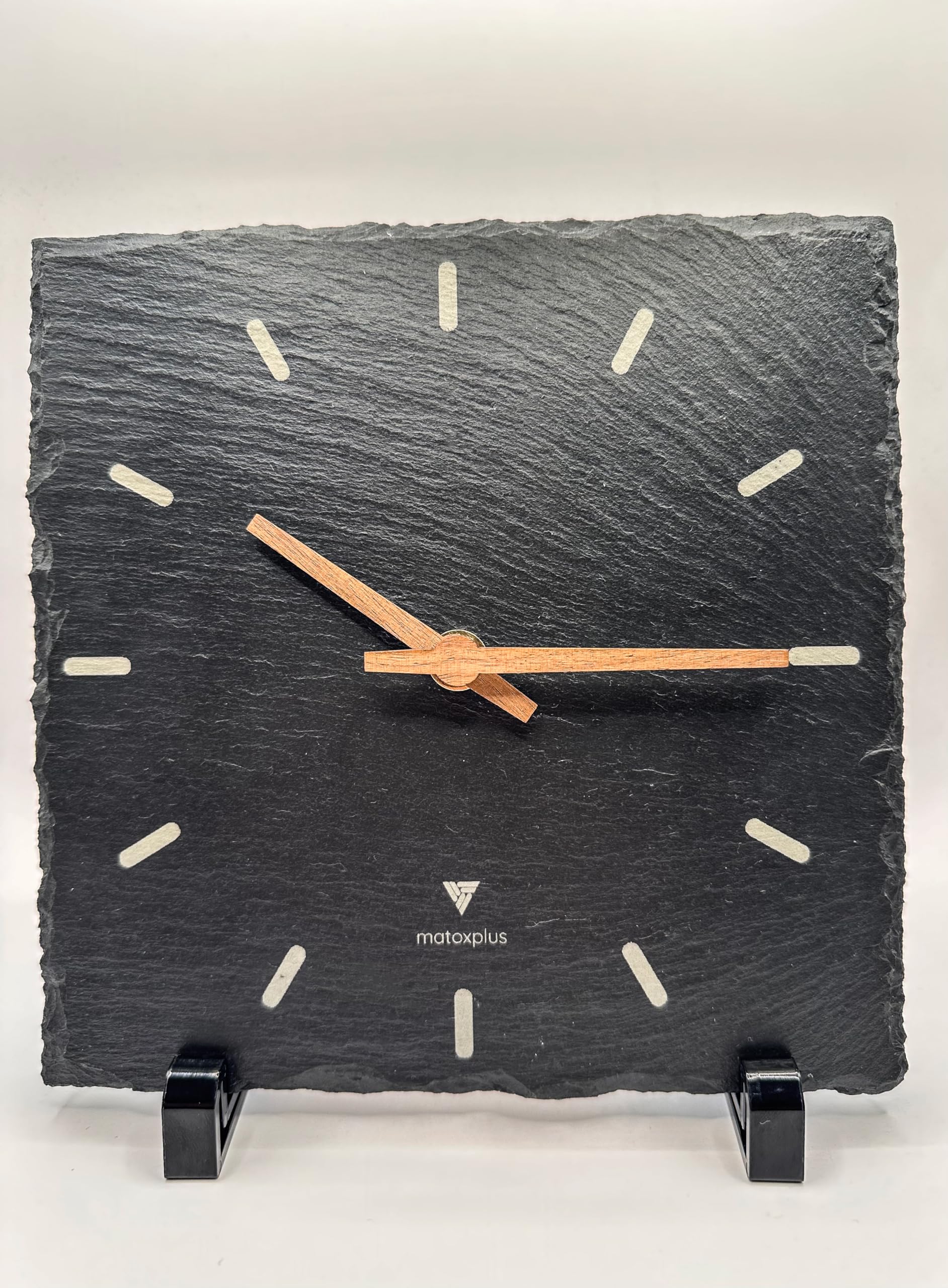 Reloj de pared de pizarra auténtica, silencioso y cuadrado, piedra natural, 20 x 20 cm, para salón y oficina (pizarra gris oscuro, manecillas de color madera)