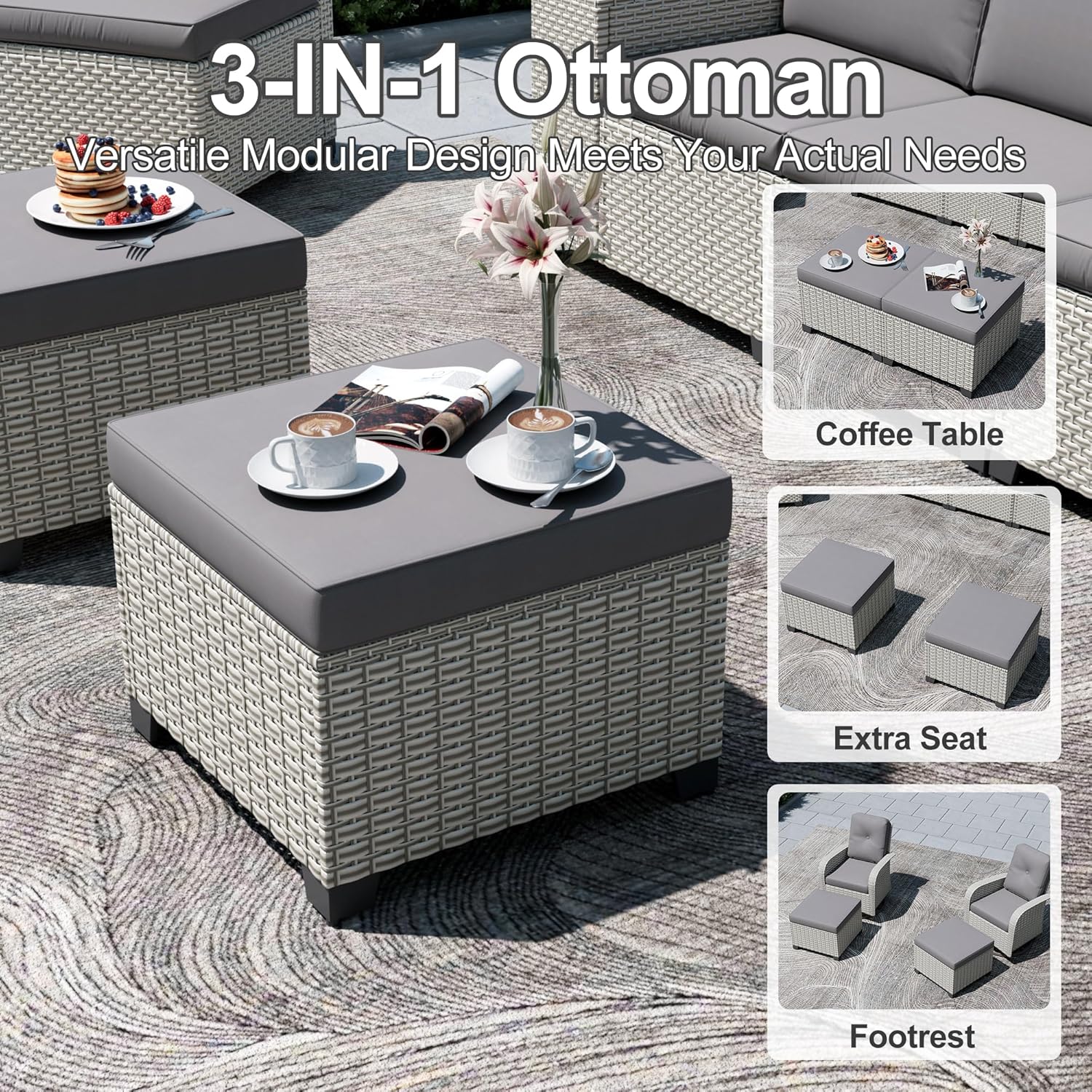 12-Piece Outdoor Patio Furniture Set with Fire Pit, Modular Sectional Sofa Set with Swivel Rocker Chairs & Ottomans, Wicker Outdoor Couch Conversation Sets w/Coffee Table and Cushions, Gray