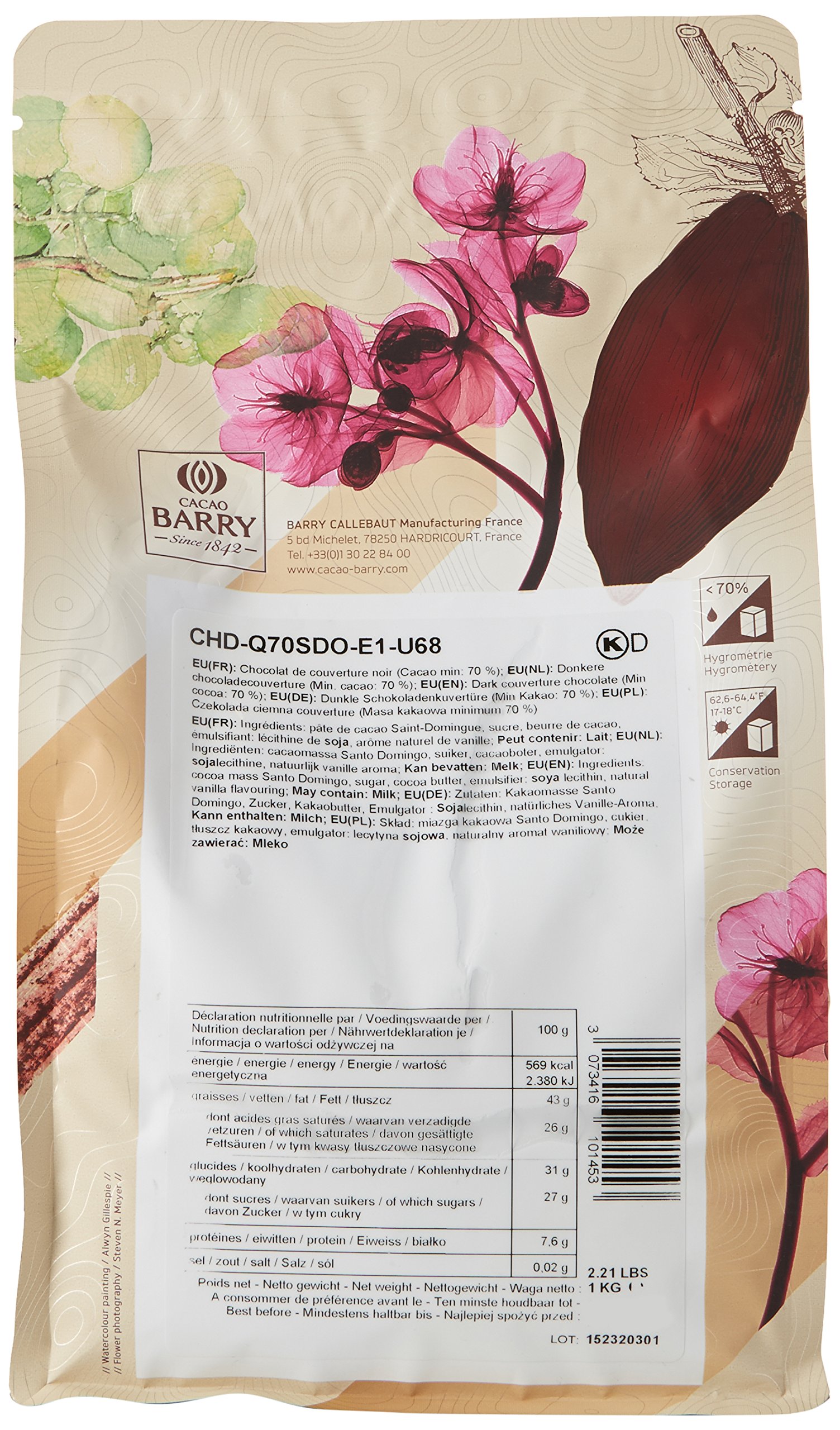 CACAO BARRY CHD-Q70SDO-2B-U73 - 70% Min Cacao Chocolat Saint Domingue Pistoles 1 kg