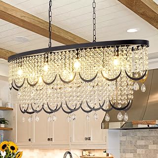 Wellmet Black Crystal Chandelier, Luxury Crystal Pendant Light, Farmhouse Dining Room Chandelier, for Living Room, Kitchen Island, Dining Table, Office, 43.3' L