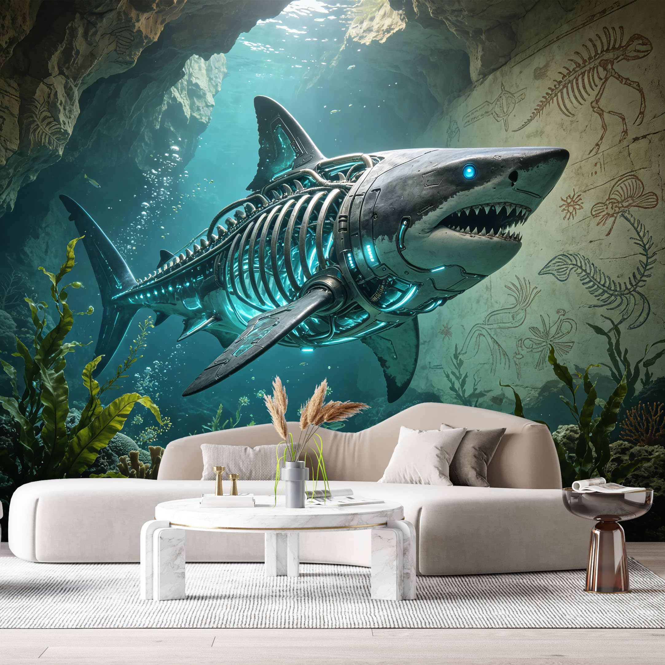 Custom Size Wall Mural Mechanical Aquatic Predator Futuristic Ocean SciFi Deep Sea Mech SelfAdhesive Art Prints Removable Large Wallpaper Boy Bedroom Esports Game Tenant Room Studio