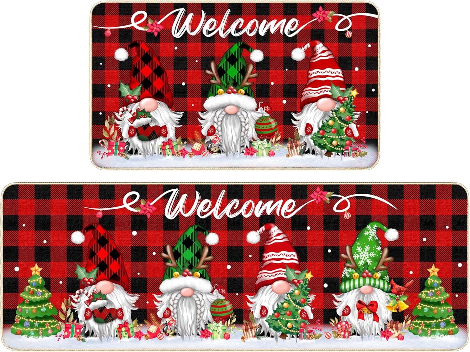 TREWAVE Christmas Kitchen Rugs Gnomes Door Mat Set of 2 Red Buffalo Plaid Decorative Non-Slip Welcome Floor Mat Low-Profile Holiday Home Bathroom Decoration (17x29 17x47 Inch)