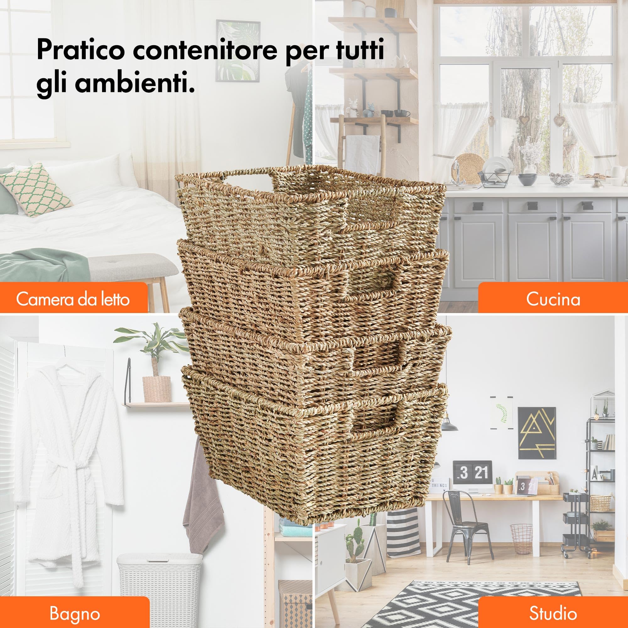 VonHaus Ceste Portaoggetti in Seagrass, Set di 4 Cestini Portaoggetti Intrecciati a Mano - Cestini Portaoggetti Bagno in Seagrass Naturale con Manici - Cestini Ufficio e Camera