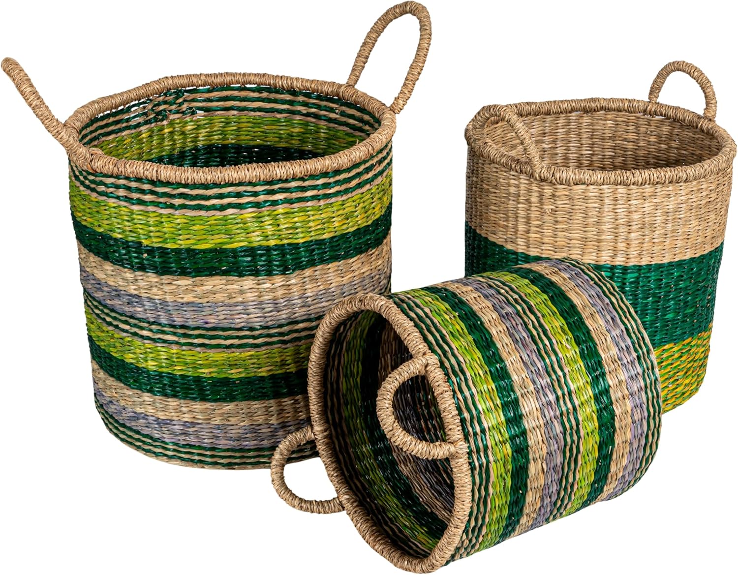 Creative Co-Op 3-Piece Hand-Woven Seagrass Baskets with Stripes and Handles, Multicolor