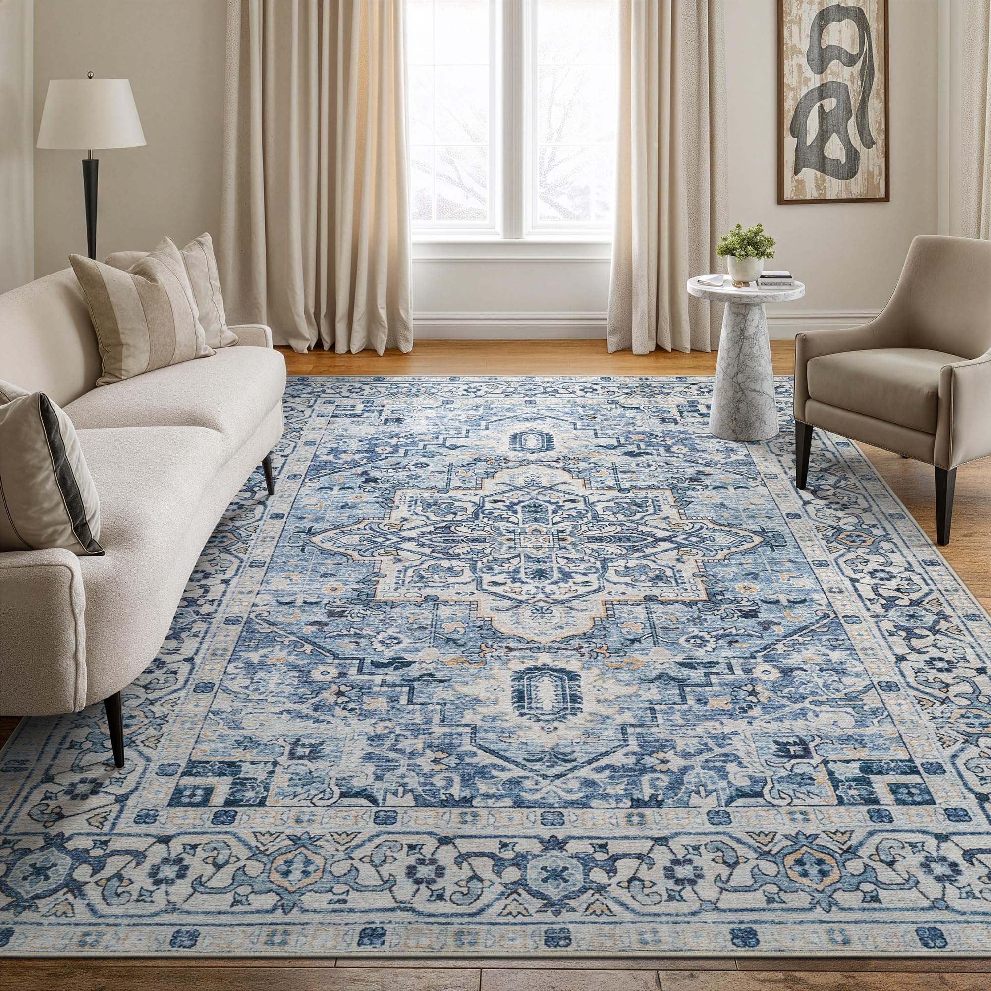 Bloom Rugs Caria Washable Non-Slip 8x10 Rug - Navy Blue Traditional Area Rug for Living Room, Bedroom, Dining Room, and Kitchen - Exact Size: 7'8" x