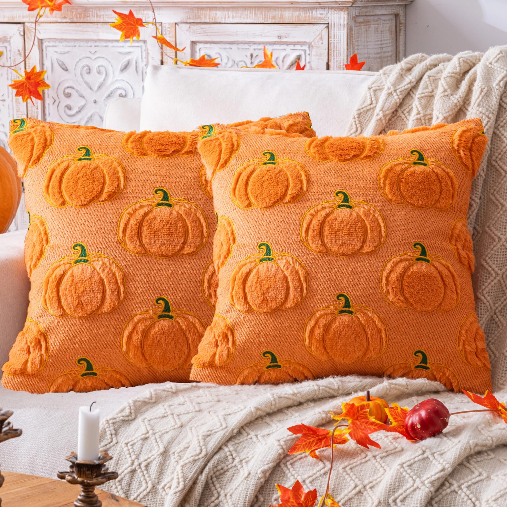 Fall Pumpkin Orange Throw Pillow Covers 20x20 Set of 2 Halloween Decorations Indoor Autumn Throw Pillows for Couch