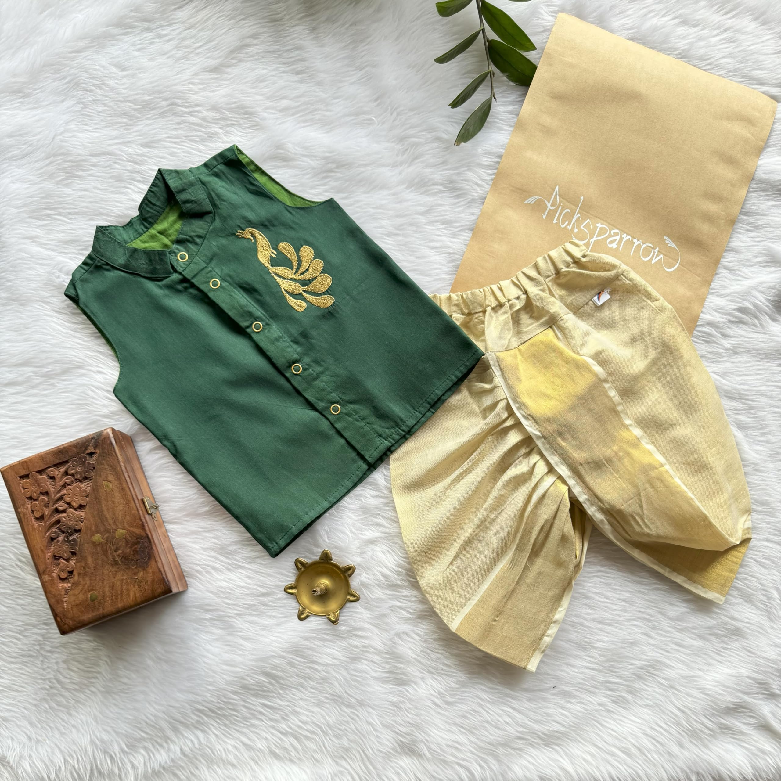 Picksparrow Baby Boy Cotton Silk-Tissue Printed Kasavu Cotton Shirt With Dhoti Pant (Peacock-Sleeveless) (Green, Newborn) - Image 2 thumbnail