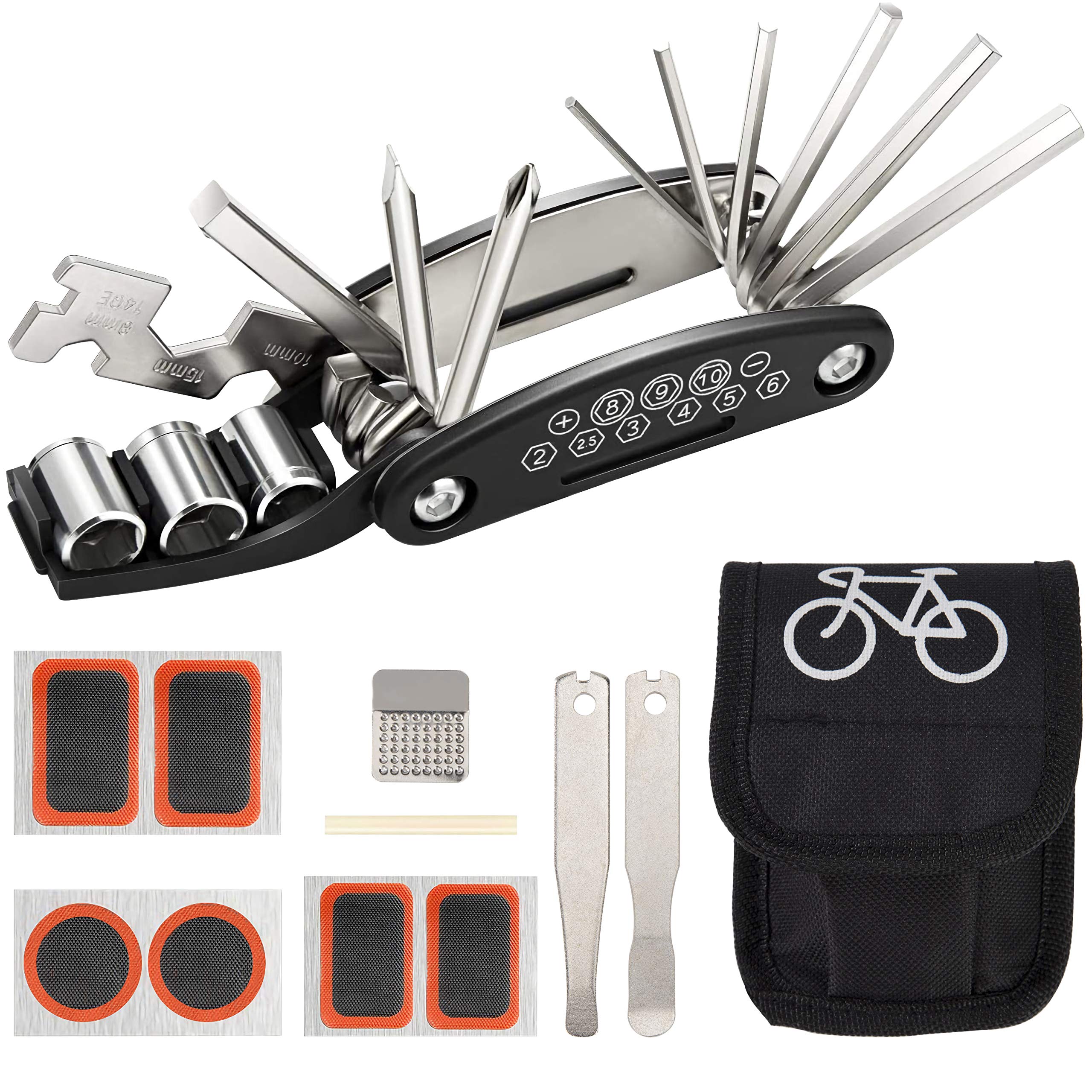 Kit Outil Vélo 16 En 1 Portable – Multifonction Avec Démonte-pneu, Clés, Patchs Et Sac De Rangement