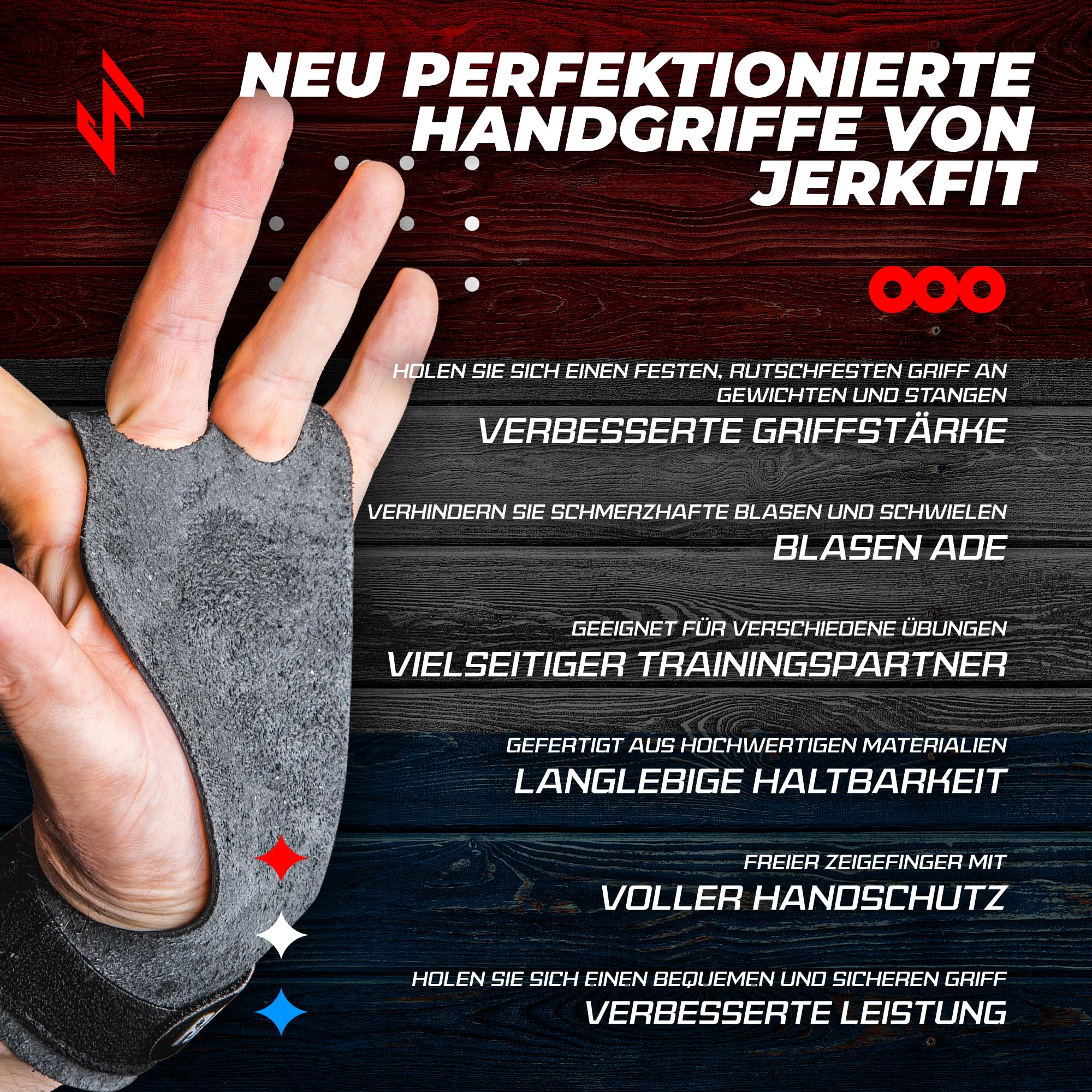 JerkFit Raw Grips 3.0, 2-Finger Gymnastikgriffe aus Leder – Schützen die Hände bei Klimmzügen, verhindern Risse und Blasen für Sportler.