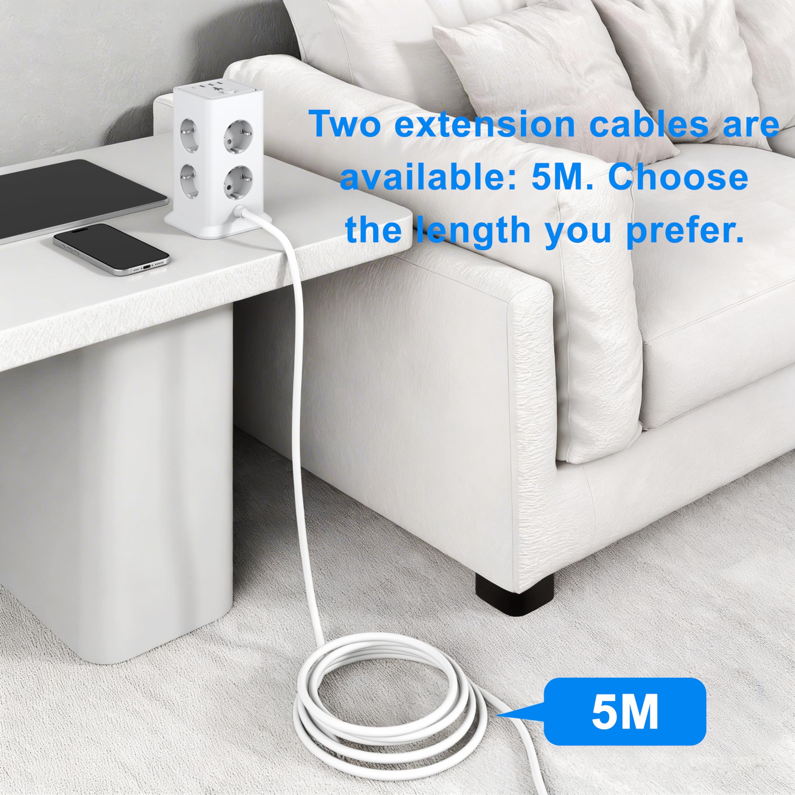 5M Ciabatta Elettrica Multipresa,8 Prese ITA e Schuko,3USB‑A+1USB‑C Bianco | Presa multipla torretta verticale 16A 3680W, interruttore generale, protezione sovratensione, cavo prolunga lungo