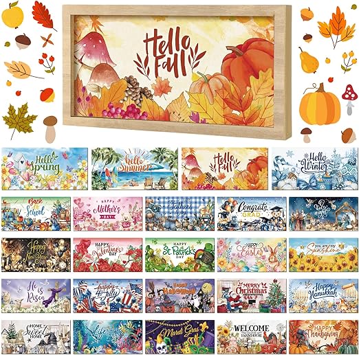 25 Pcs 9.7 x 4.8" Interchangeable Season Sign Interchangeable Welcome Sign for Table Decorative Wooden Season Sign Decor with a Wooden Frame Wreaths Holiday Decor for Fall Autumn Gifts