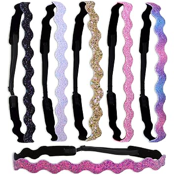 FROG SAC 6 Glitter Headbands for Girls, Adjustable Non Slip Thin Elastic Hair Bands for Kids, Stretch Heart Zig Zag Girl Hair Accessories, Sparkly Headband, Head Band Hairband Multicolor 2, Kids