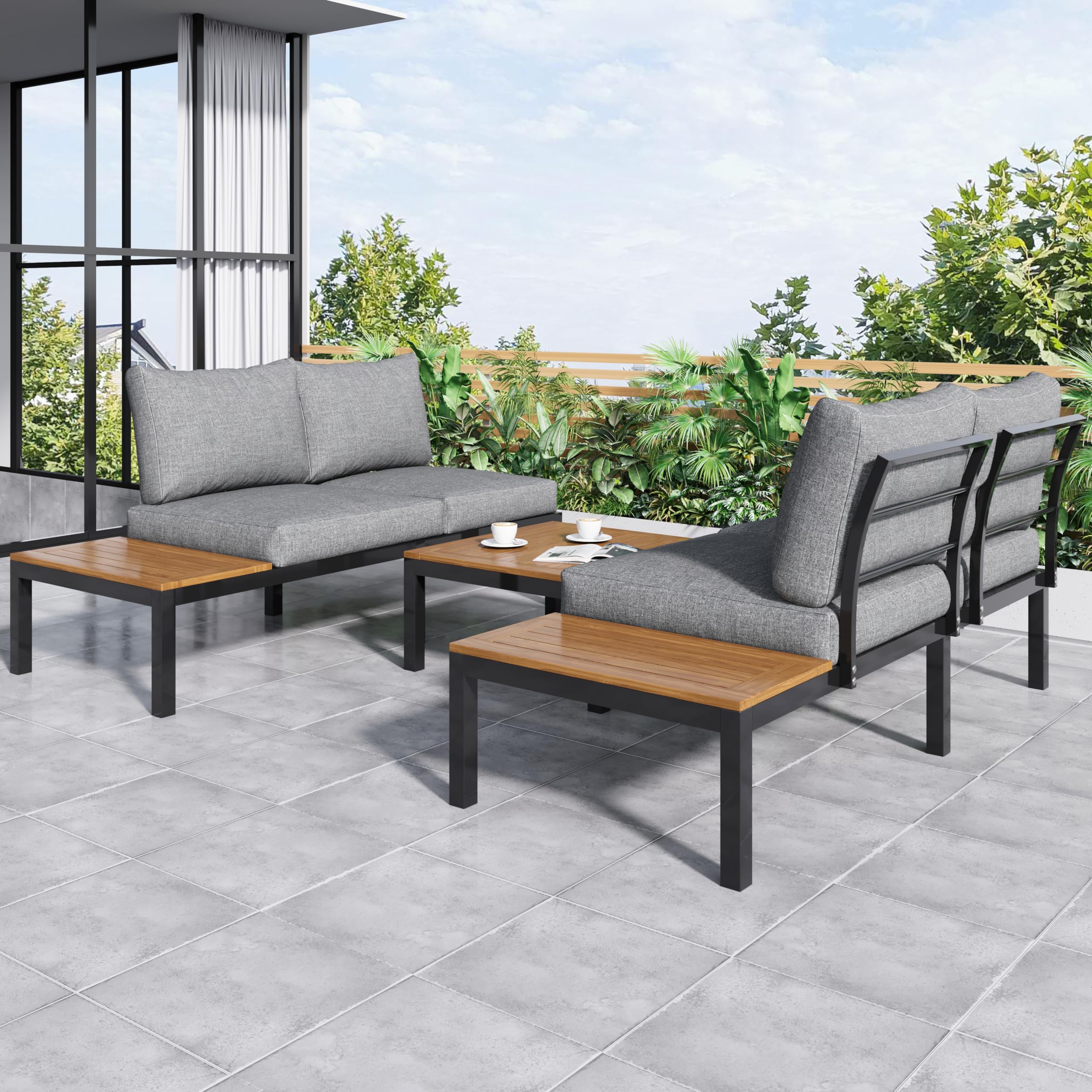 Juego de salón de jardín de 4 plazas, sofá cama cómodo con cojines, 2 asientos dobles, 1 mesa + 2 mesas de madera de acacia, estructura de acero galvanizado resistente, impermeable, gris