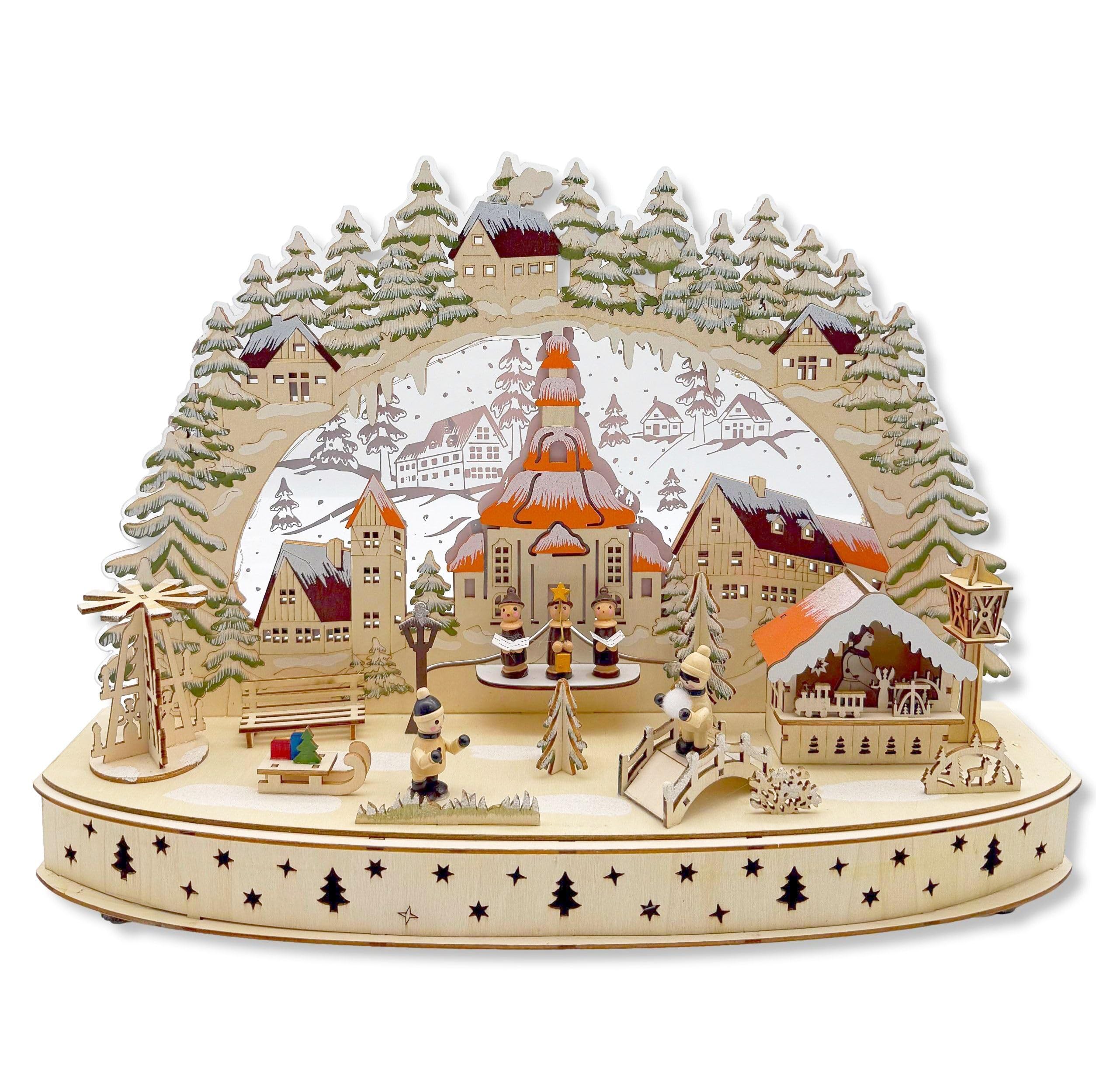 Wichtelstube-Kollektion LED Schwibbogen Seiffener Kirche Weihnachtsmarkt Winterlandschaft, Lichterbogen indirekt beleuchtet Schwippbogen Echtholz beidseitig bemalt