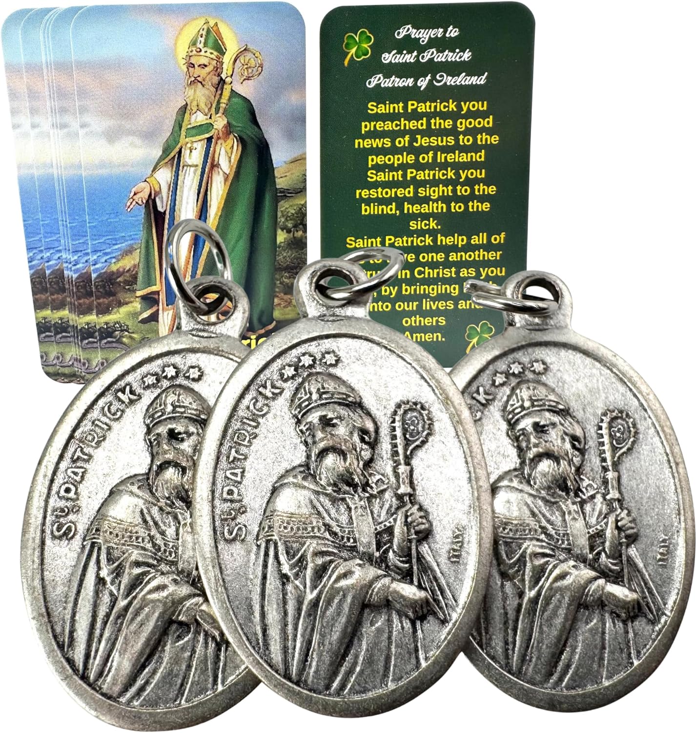 Westmon Works St Patrick Medal Set Italian Metal Medallions Irish Bundle Pack with Patron Saint of Ireland Holy Prayer Cards, 3 of Each