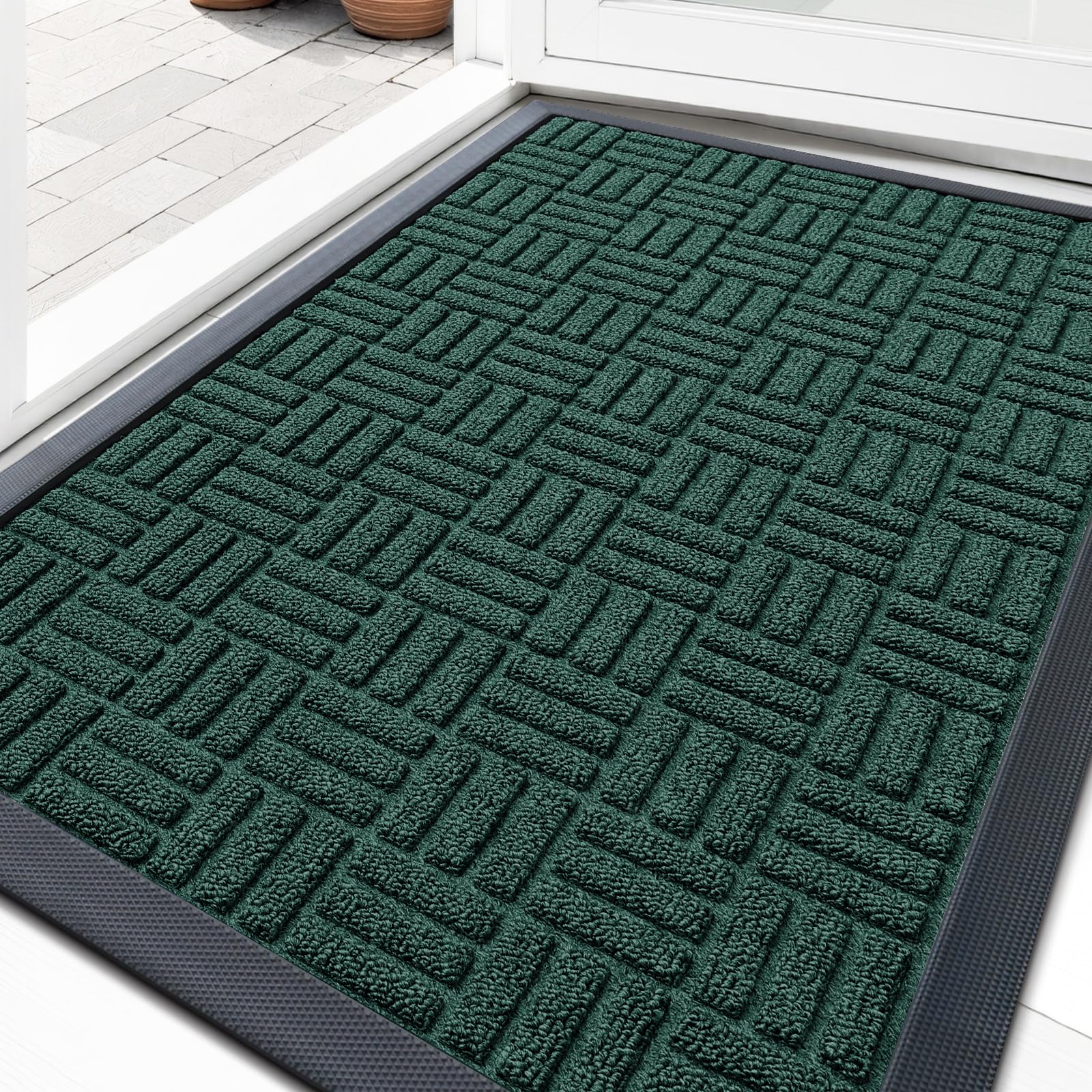 OLANLY Front Door Mat Outside Entrance 33x21, Heavy-Duty Rubber Doormat | Black Green, Stain and Fade Resistant, Non-Slip Backing, Low-Profile Indoor Outdoor Floor Mat for Entryway, Easy to Clean