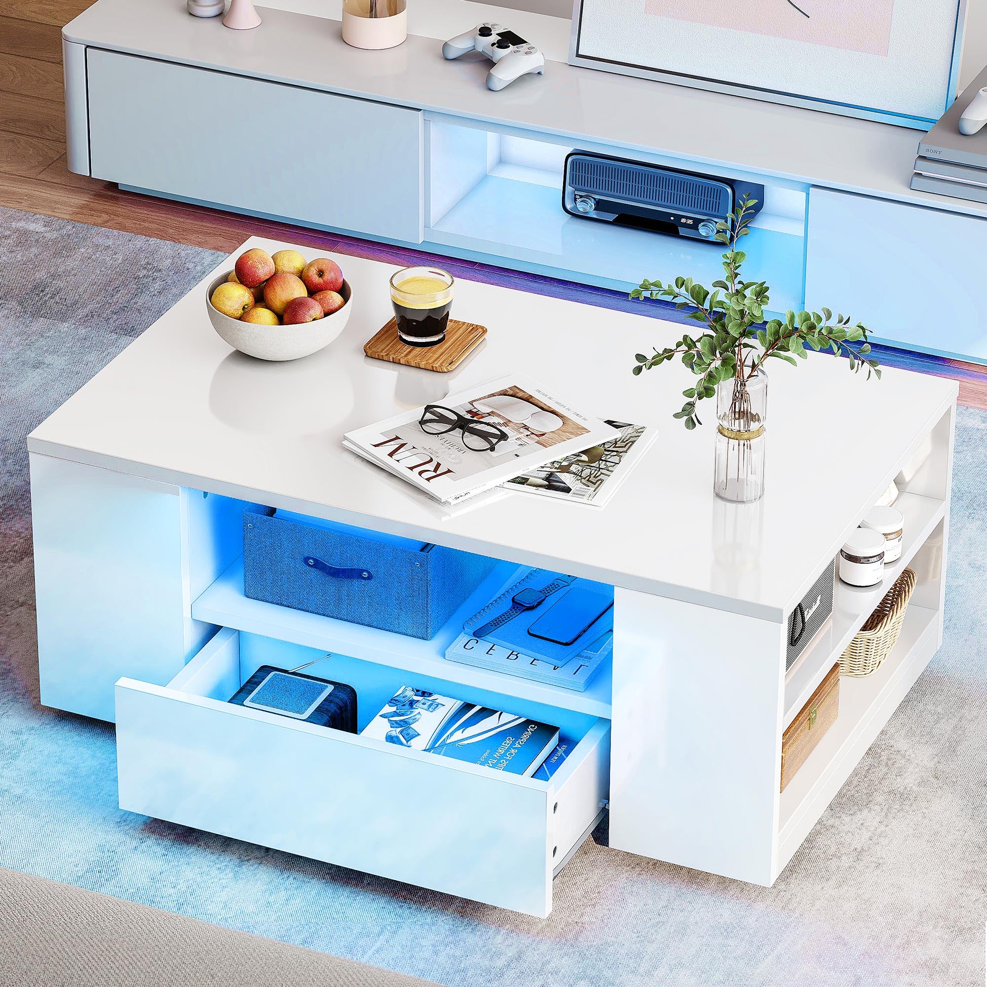 Salontafel, met led-lichtstrip, hoogglanzend oppervlak, vier laden voor en achter, grote opbergruimte (wit