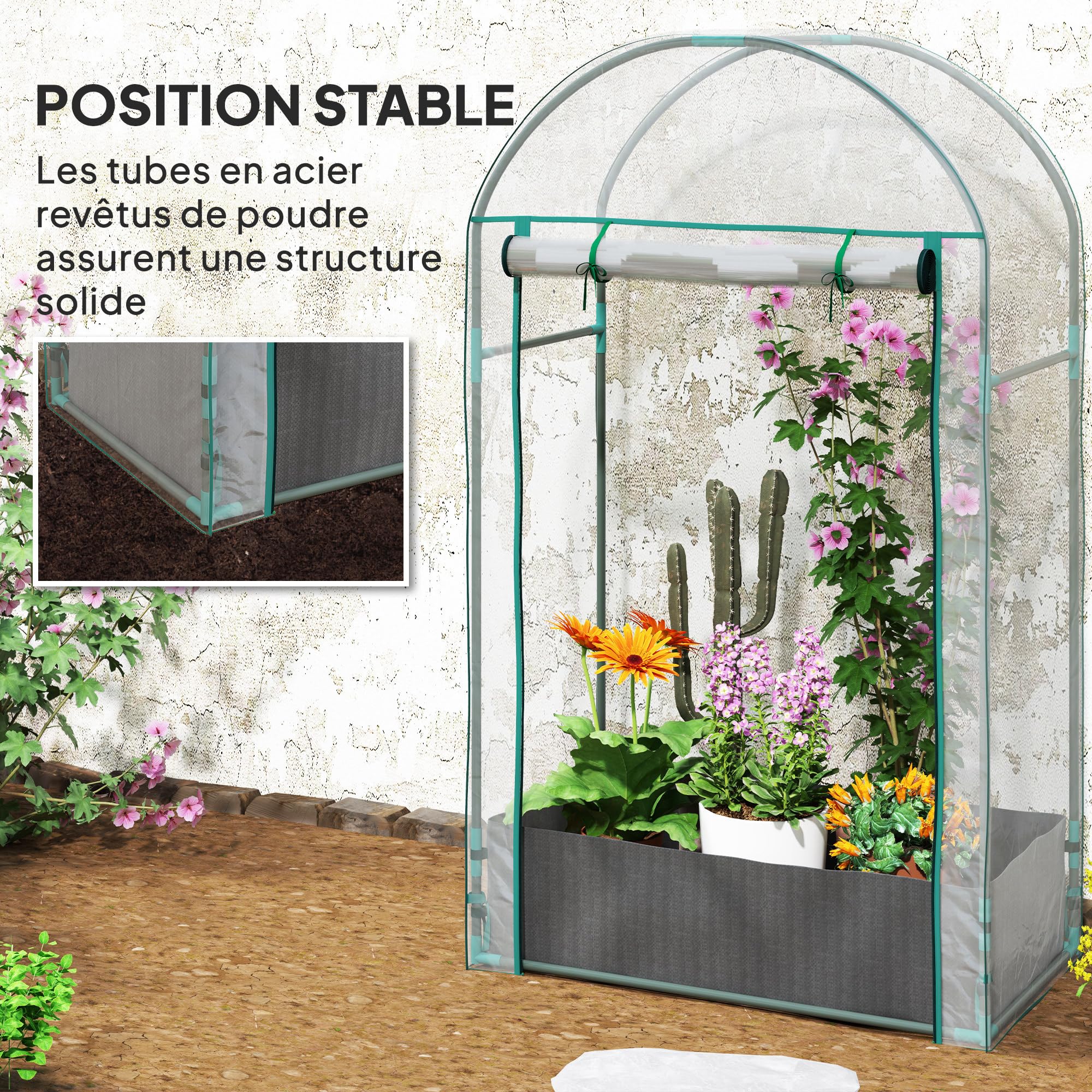 Outsunny Serre de Jardin, Serre de Balcon, Bâche Renforcée PVC, Châssis en Acier, Porte Zippée Enroulable avec Sac de Plantation, pour Légumes, Plantes, Intérieur, Extérieur, 89x50x152cm, Transparent