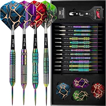 Steel Tip Darts, 12 Pack, 4 Weights, Multi-Zone Grips, Urban Legends | 1.4in TwinForce shafts, 32 GlideXPro flights, 12 flight protectors, sharpener, wrench, magnetic gift box,