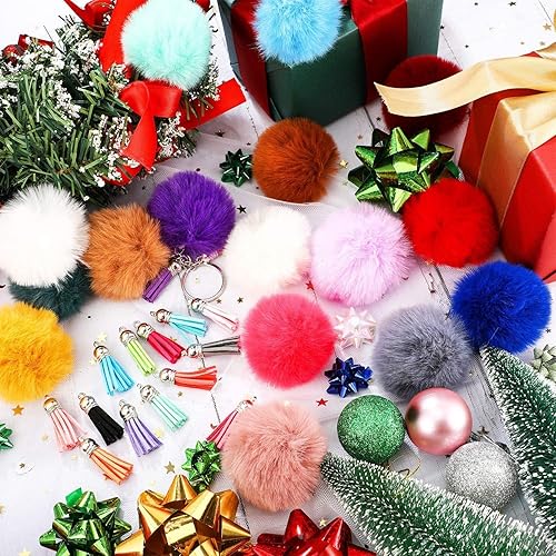 Miniatura 3 de BetterJonny - 150 borlas de piel sintética, 30 llaveros de pompones multicolor de 2.4 pulgadas, 30 borlas, 30 llaveros con 60 anillos abiertos para