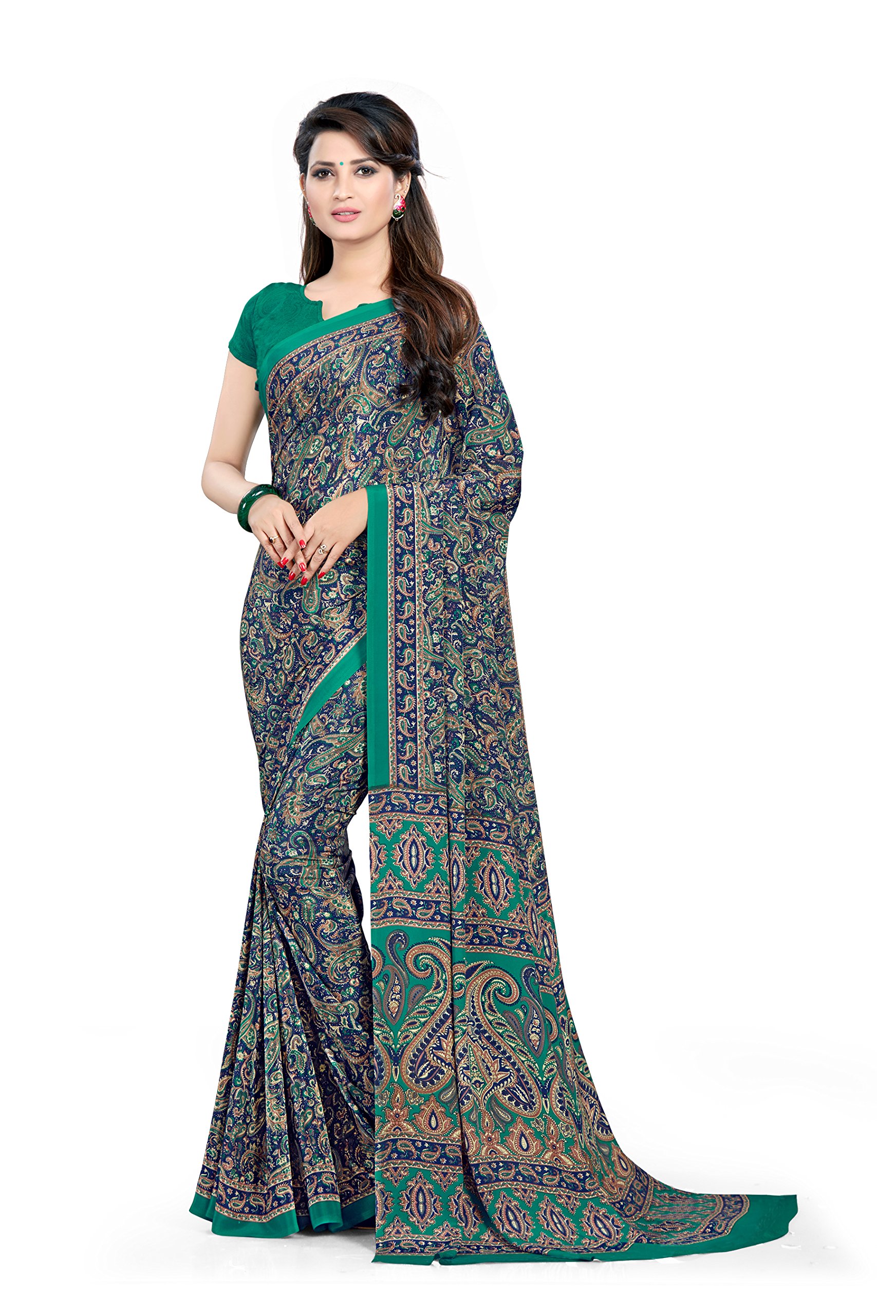 UNIFORM UNICORN Women's Turquoise Crepe Silk Uniform Saree with Blouse (6247_IC9_UU)