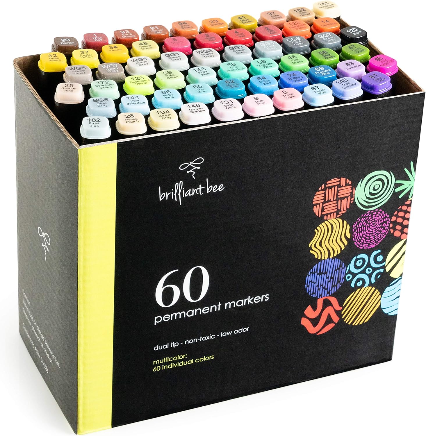 Brilliant Bee – Permanent Marker Set, 60 Vibrant Colors, Dual-Tip, Long-Lasting, Non-Toxic Smear-Proof Ink - Ideal for Kids & Adults Coloring, Doodling on Plastic, Glass, Wood and Stone